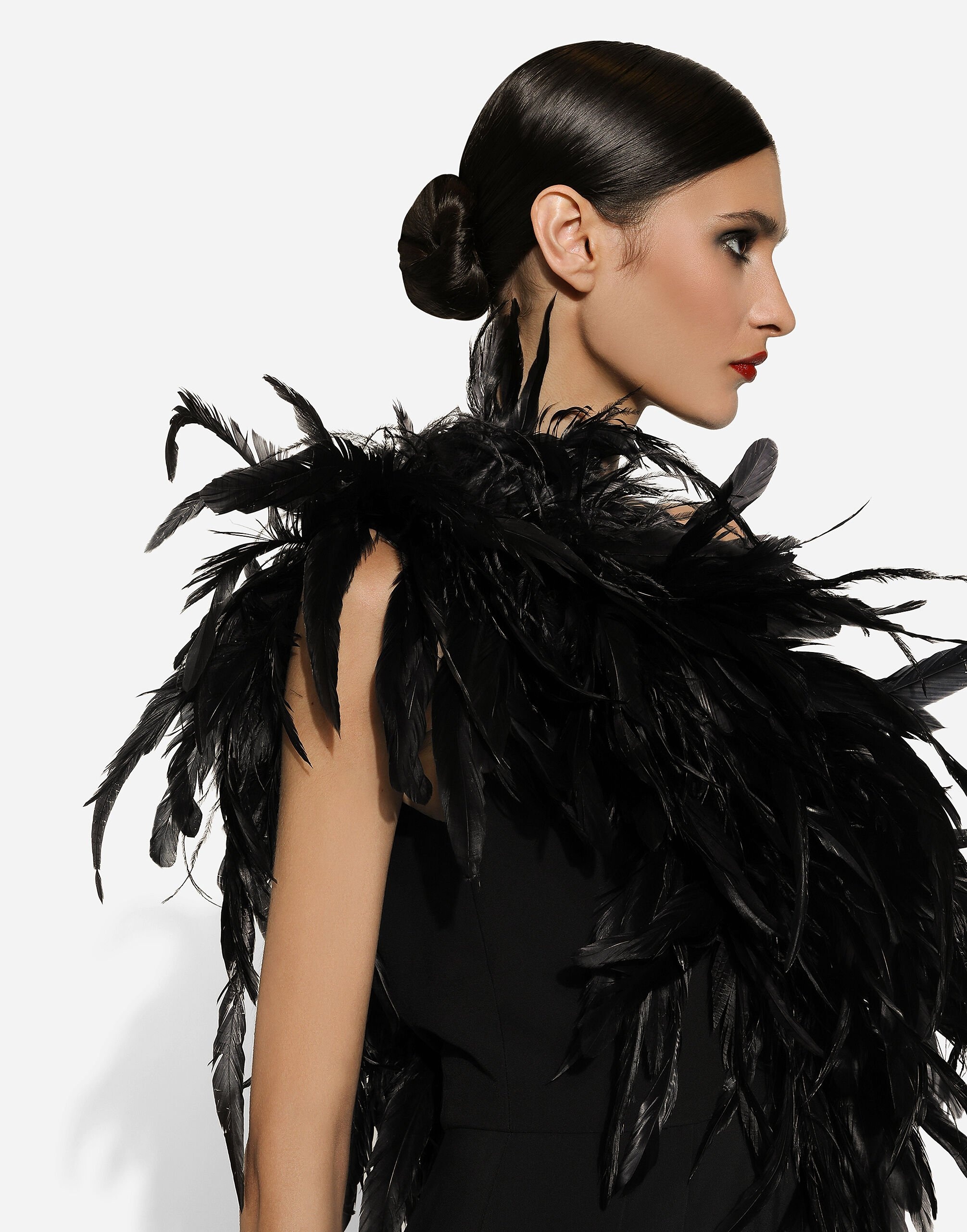 Long one-shoulder stretch cady dress with feathered neckline - 5