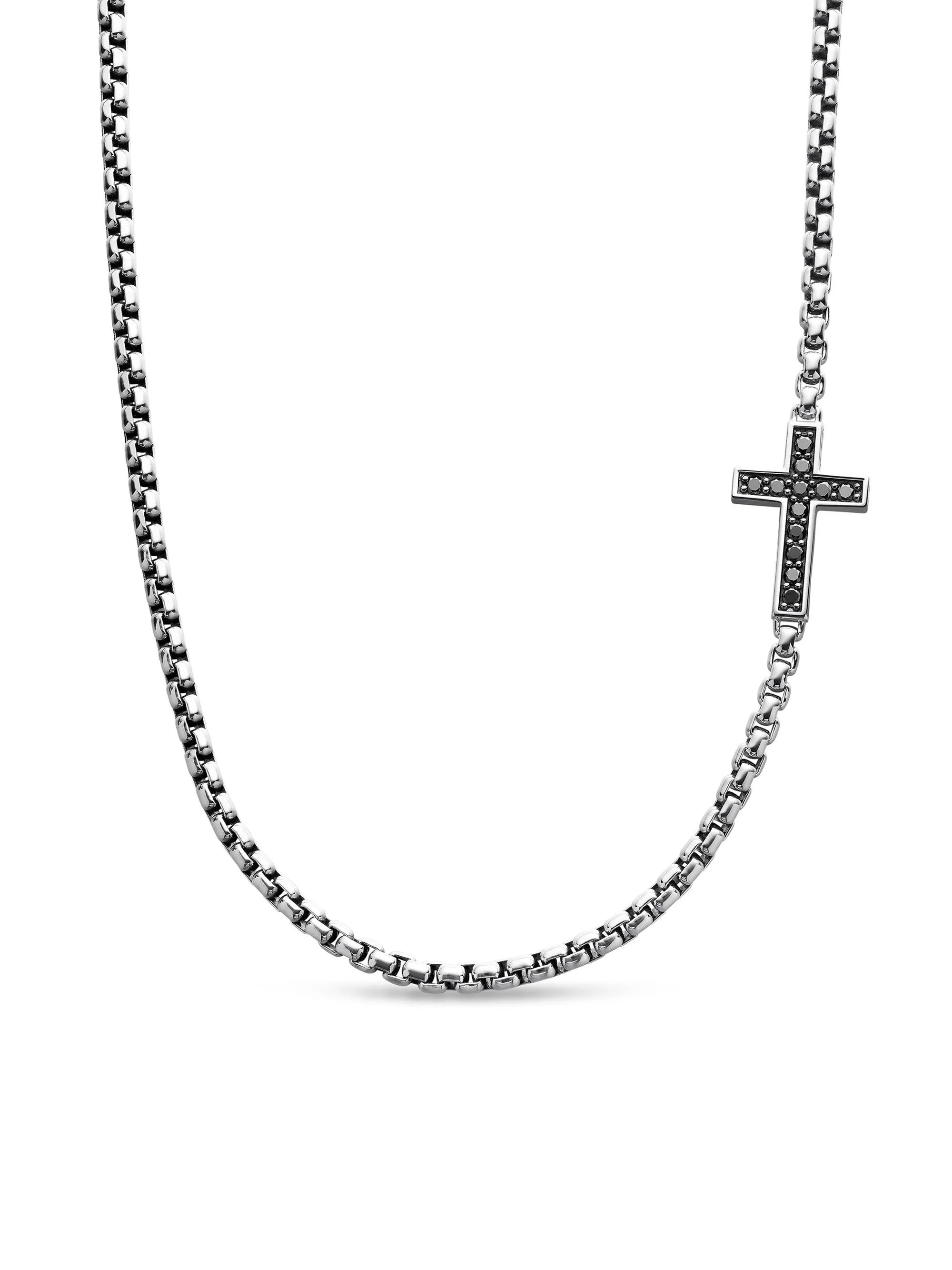 Men's Cross Station Necklace in Sterling Silver - Black - 1