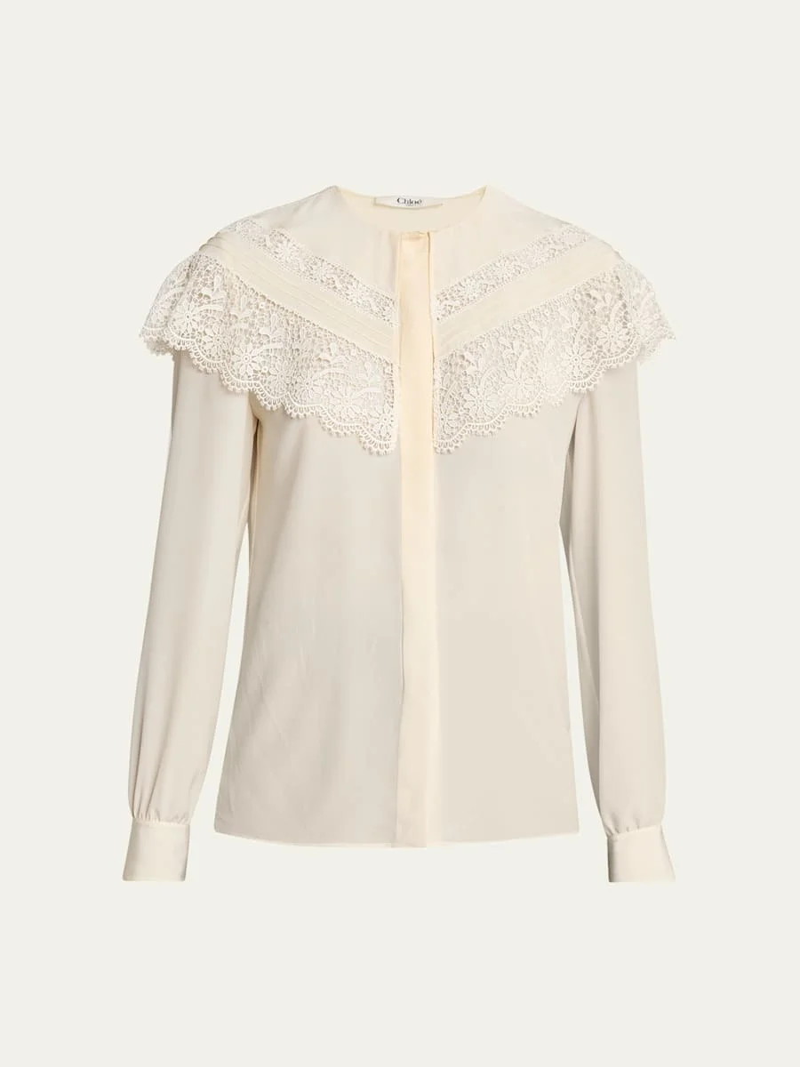 Lace Ruffle Silk Blouse - 1