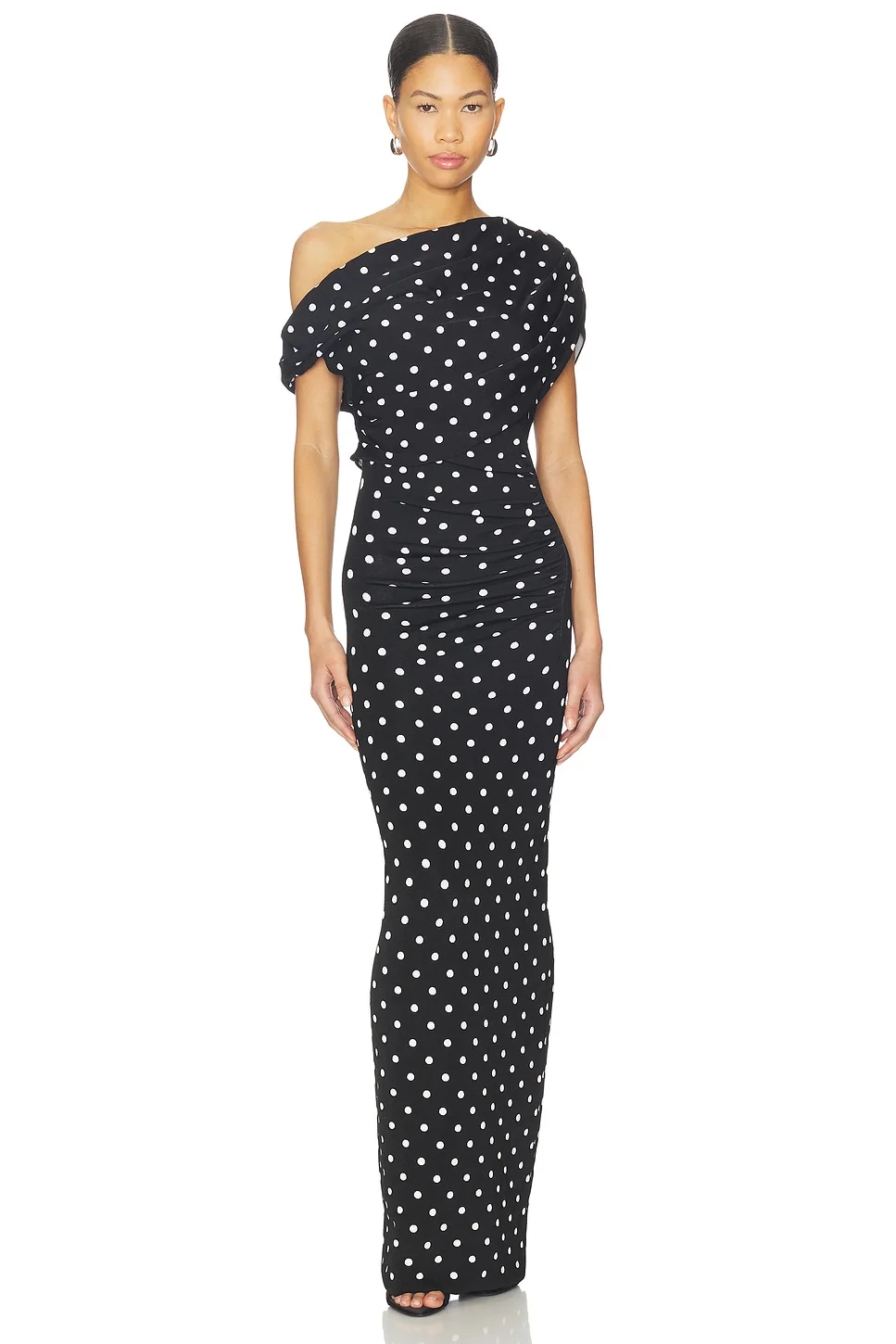 Polka Dot Draped Knit Midi Dress - 1