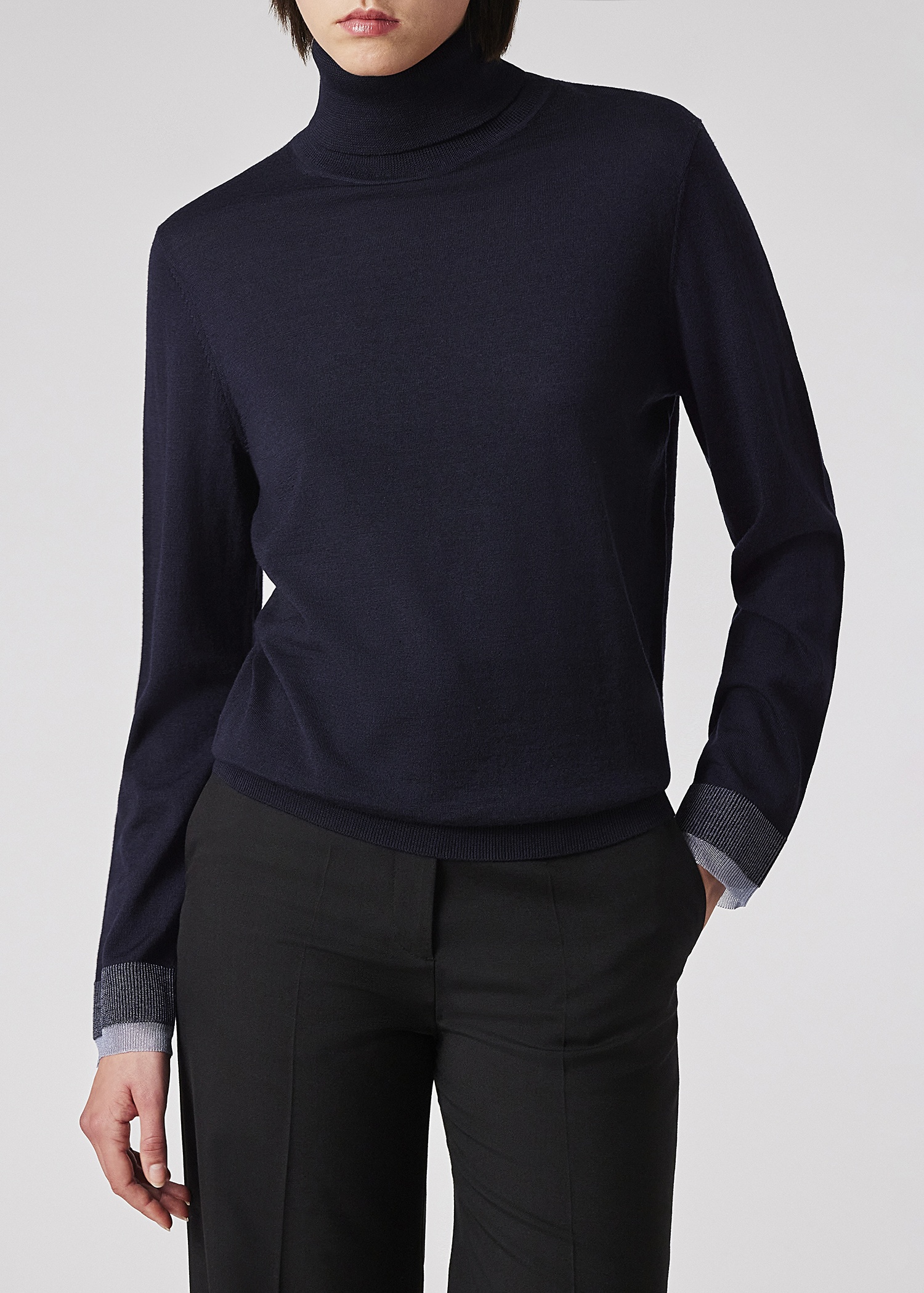 Women's Navy Knitted Roll Neck Sweater - 3