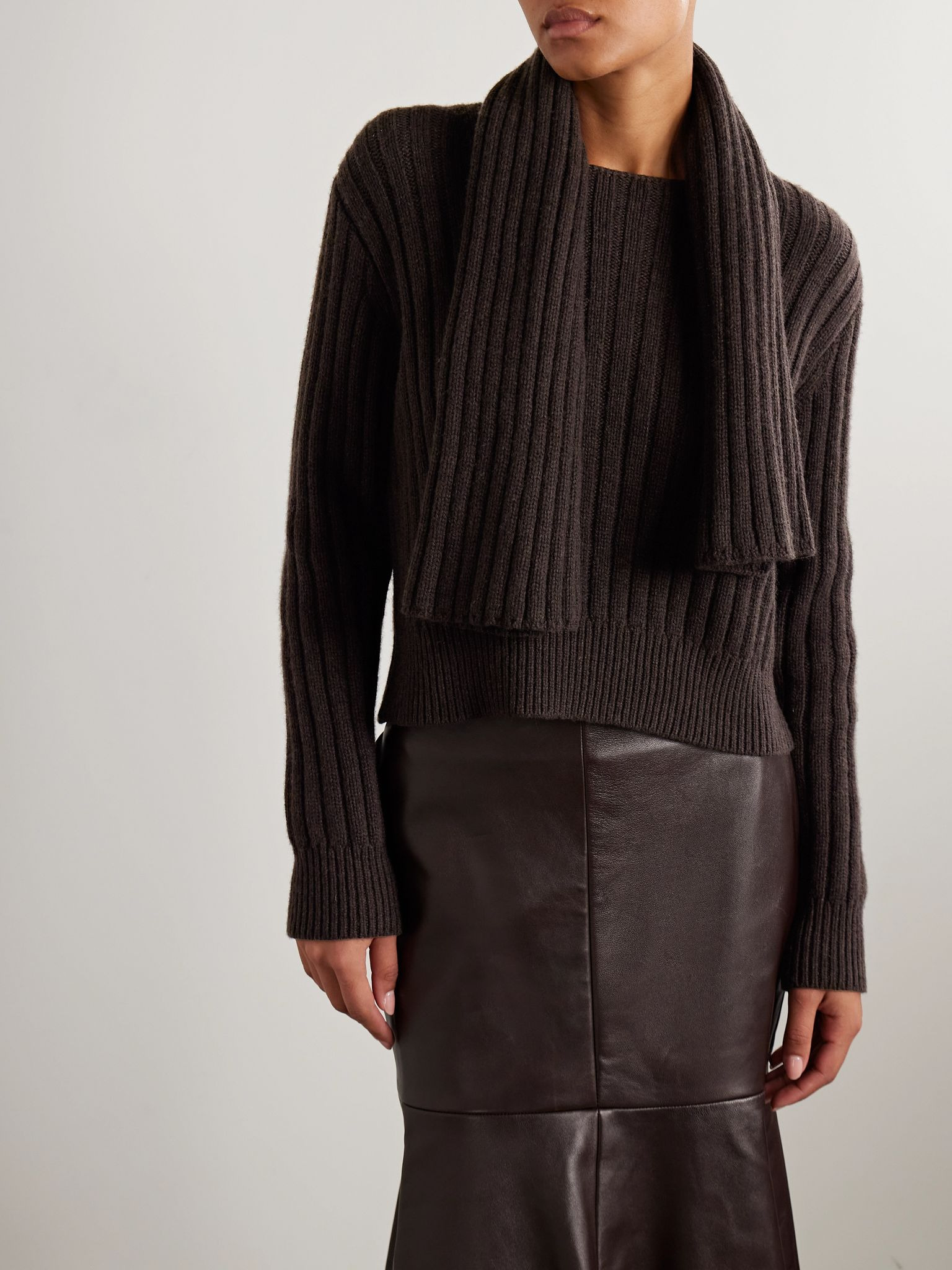 The Ryan scarf-detailed ribbed recycled-cashmere sweater Chocolate - 6