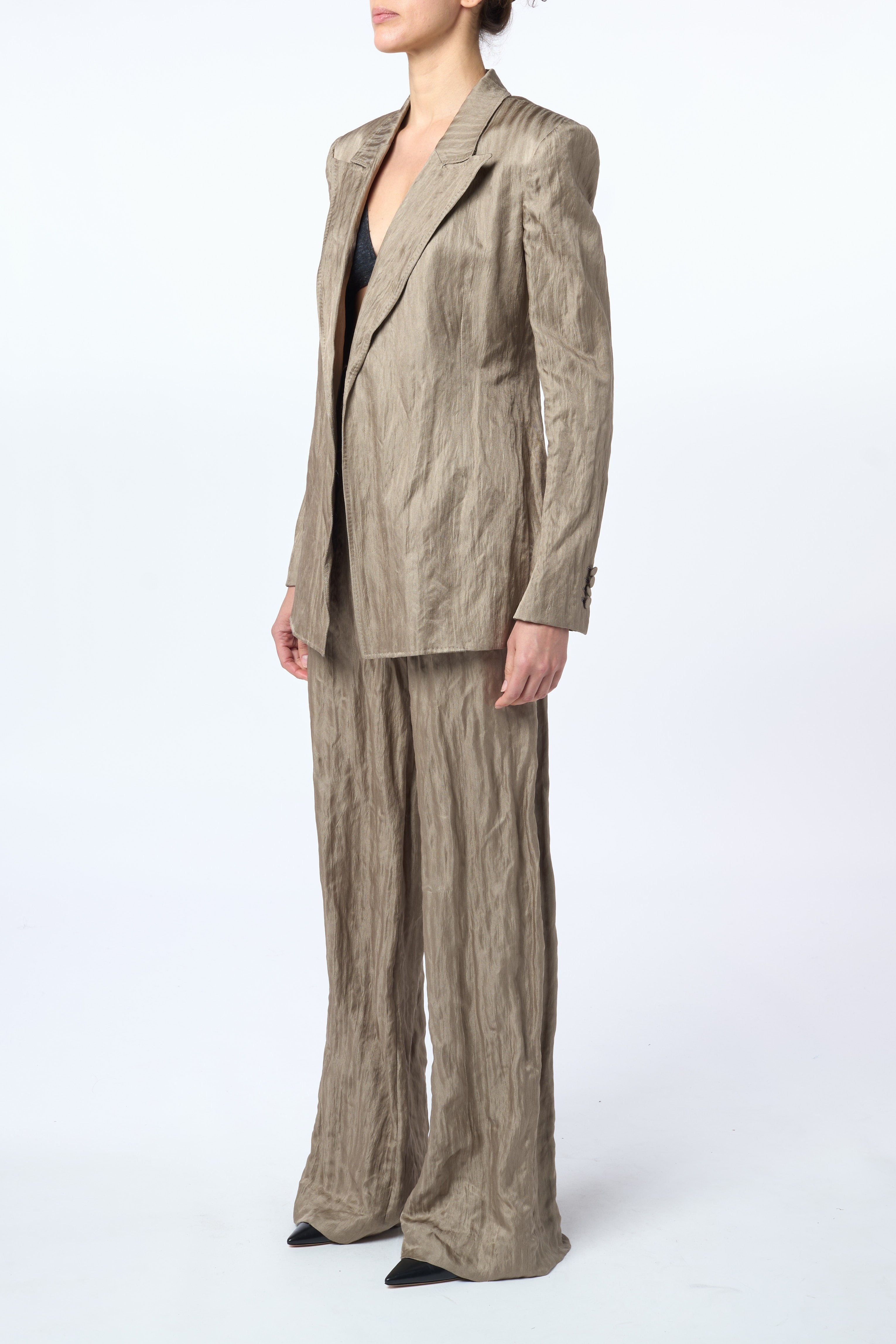 Mairi Blazer in Gunmetal Metallic Crinkled Silk - 3