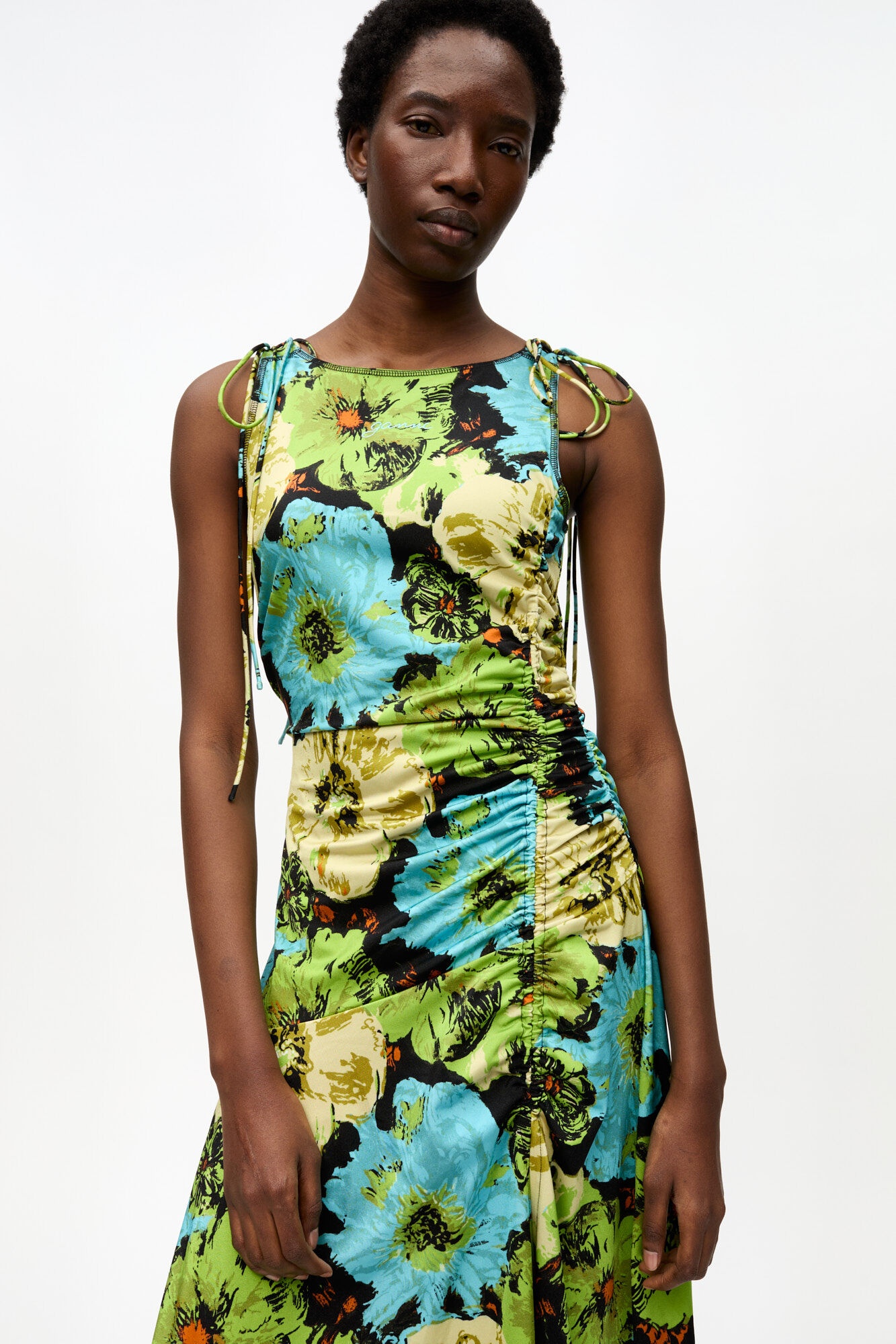GANNI FLORAL LYCRA JERSEY GATHERED DRESS | REVERSIBLE