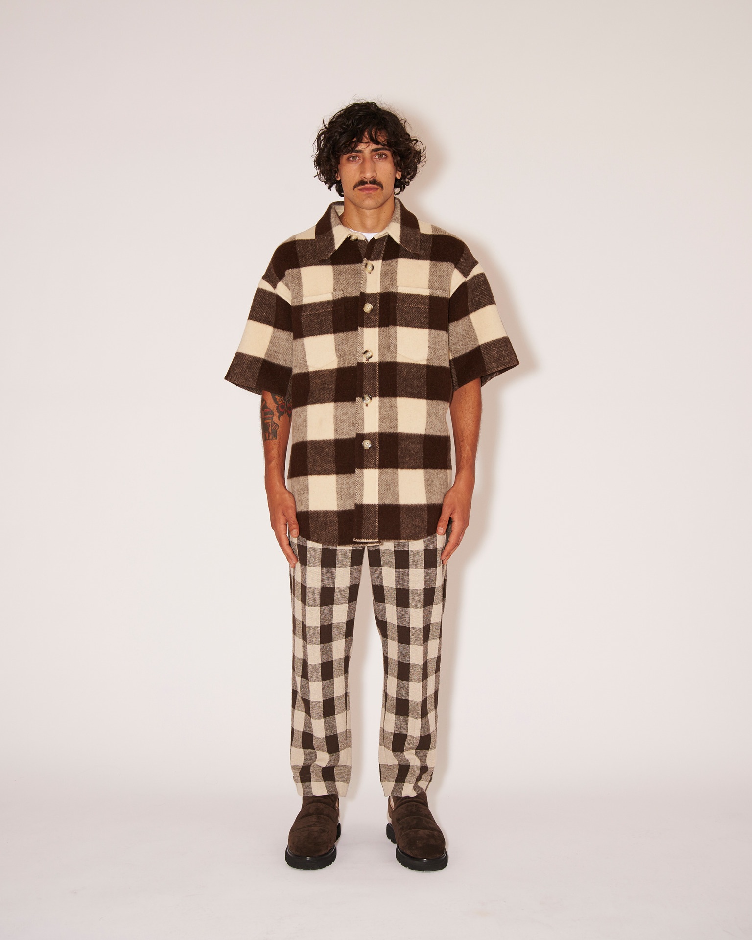 JAIN - Lightweight gingham tile print pants - Brown&Ecru - 2
