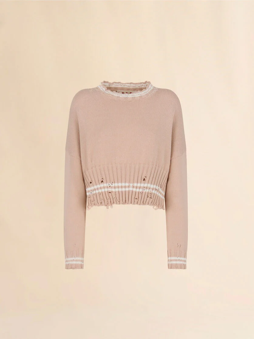 BEIGE DISHEVELLED COTTON SWEATER - 1