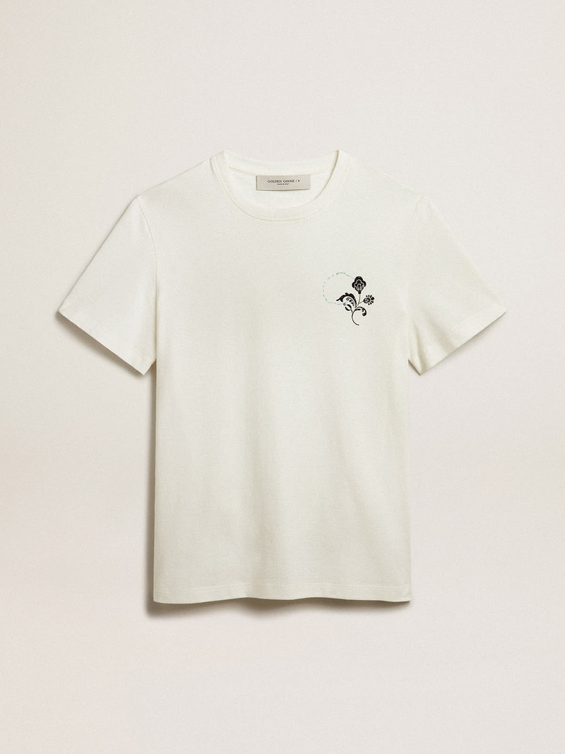 White cotton T-shirt with flower print on the front 1