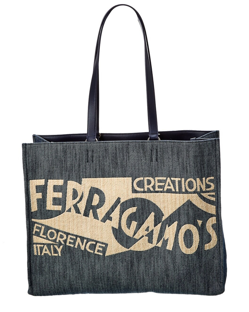 Ferragamo Logo Large Denim & Leather Tote 1