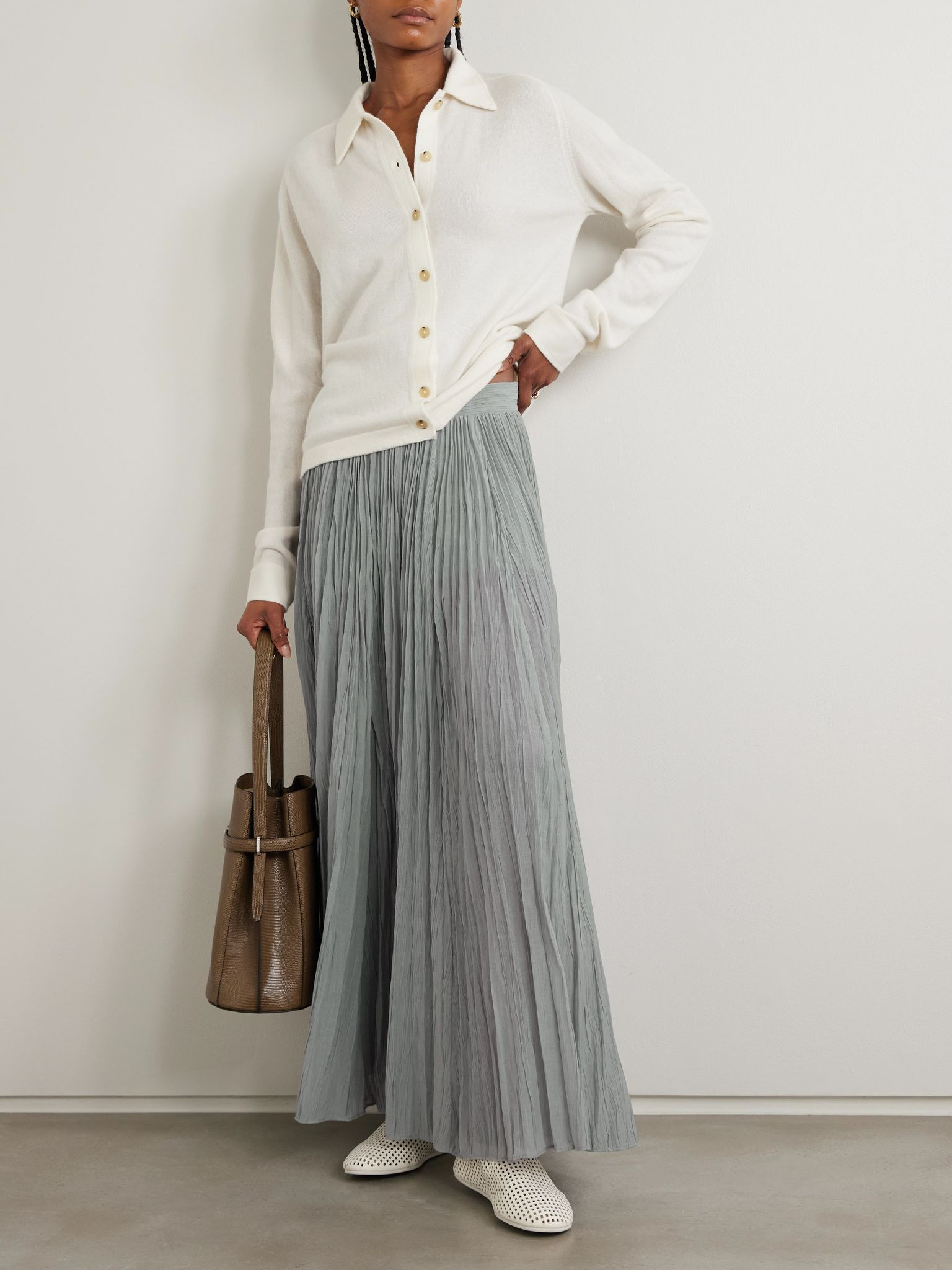 Plissé-organic cotton-blend maxi skirt Gray - 2