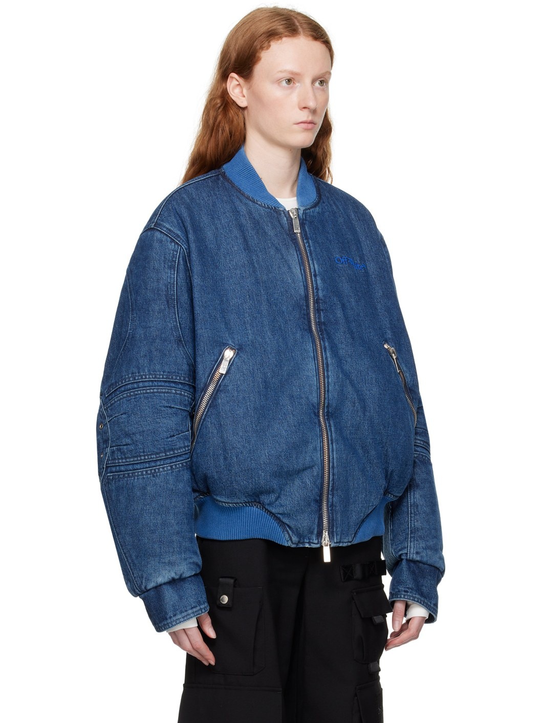 Blue Paneled Denim Bomber Jacket - 2