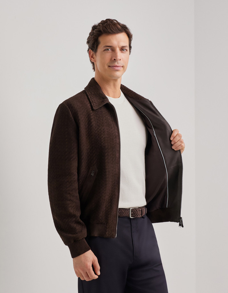 CARAMEL MIXED-MATERIAL ULTRALIGHT SUEDE BOMBER JACKET WITH KNIT INSERTS 62