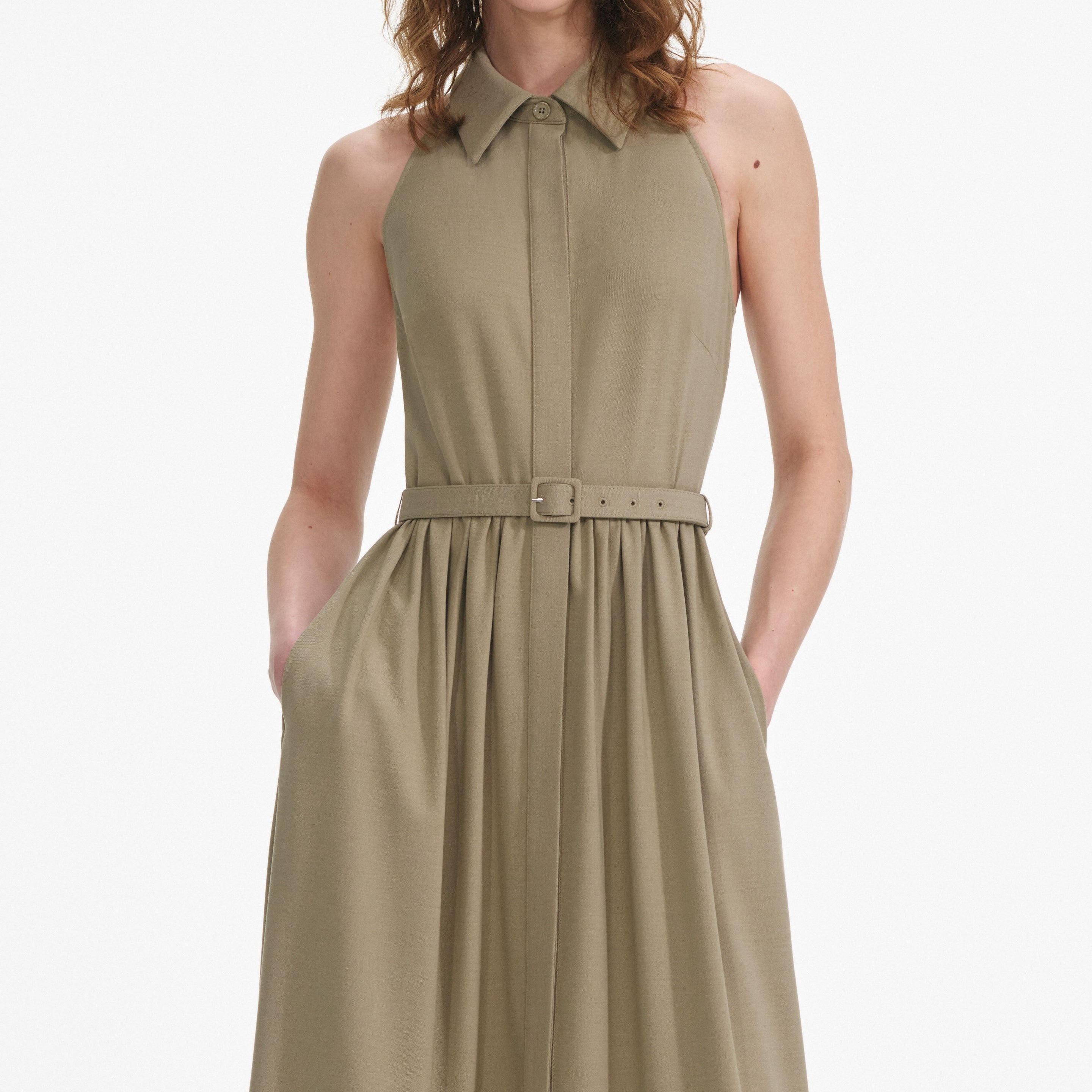 Beige Sleeveless Twill Maxi Dress - 4