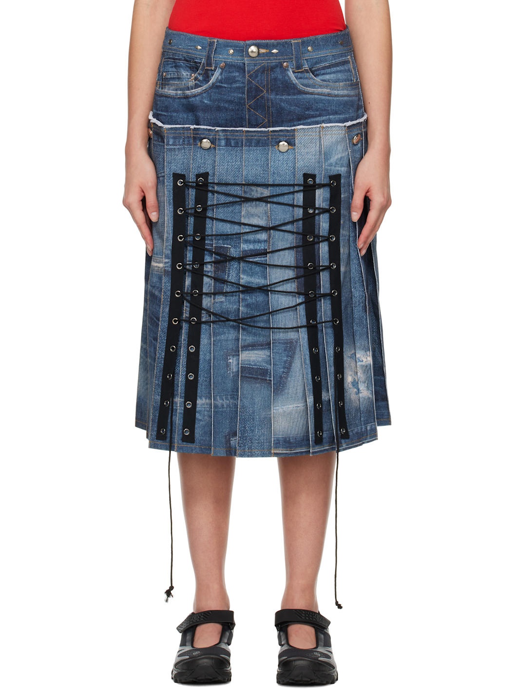 Blue Trompe L'œil Pleats Midi Skirt - 1