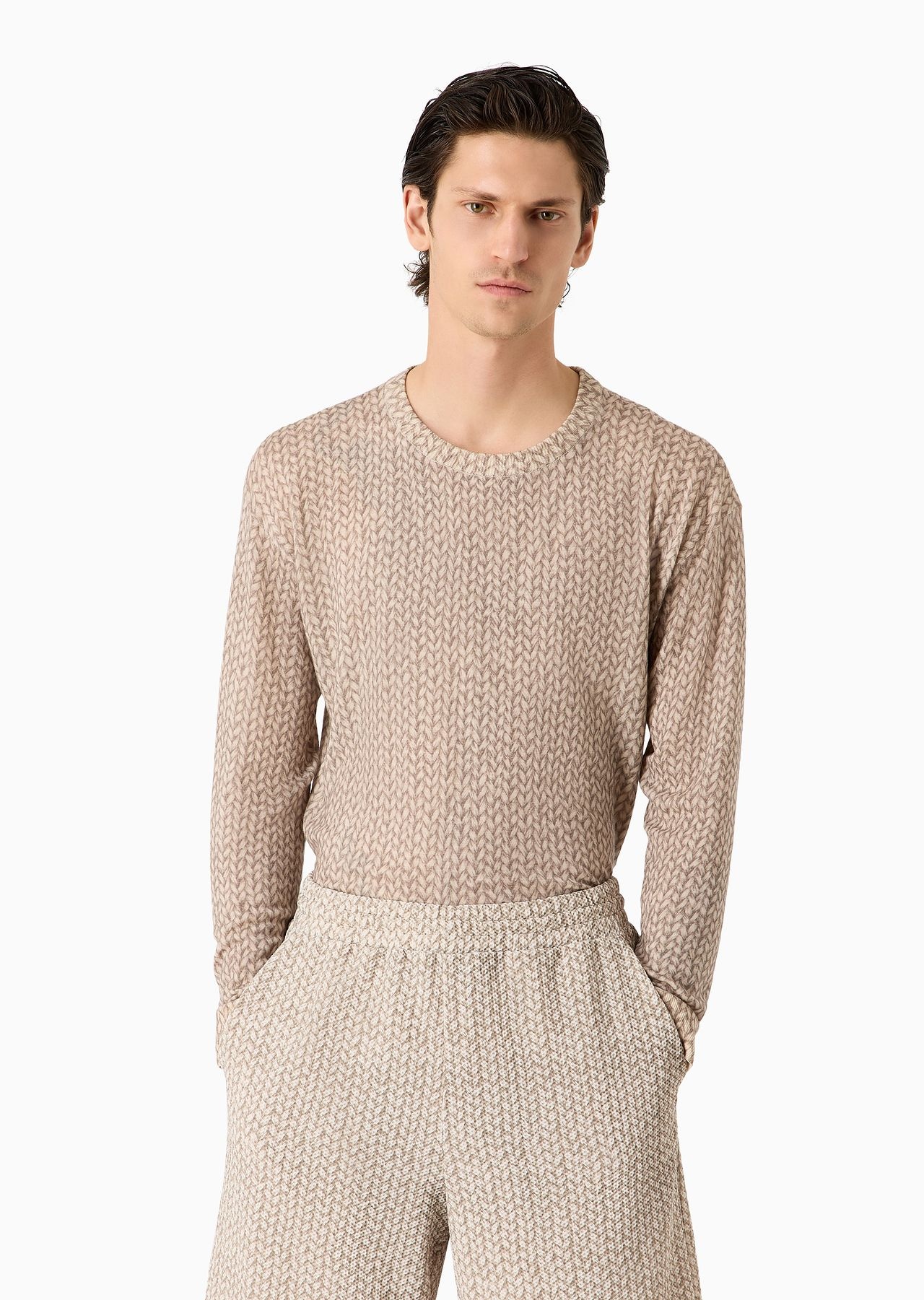 Crew-neck jumper in virgin wool with a braided print - 2