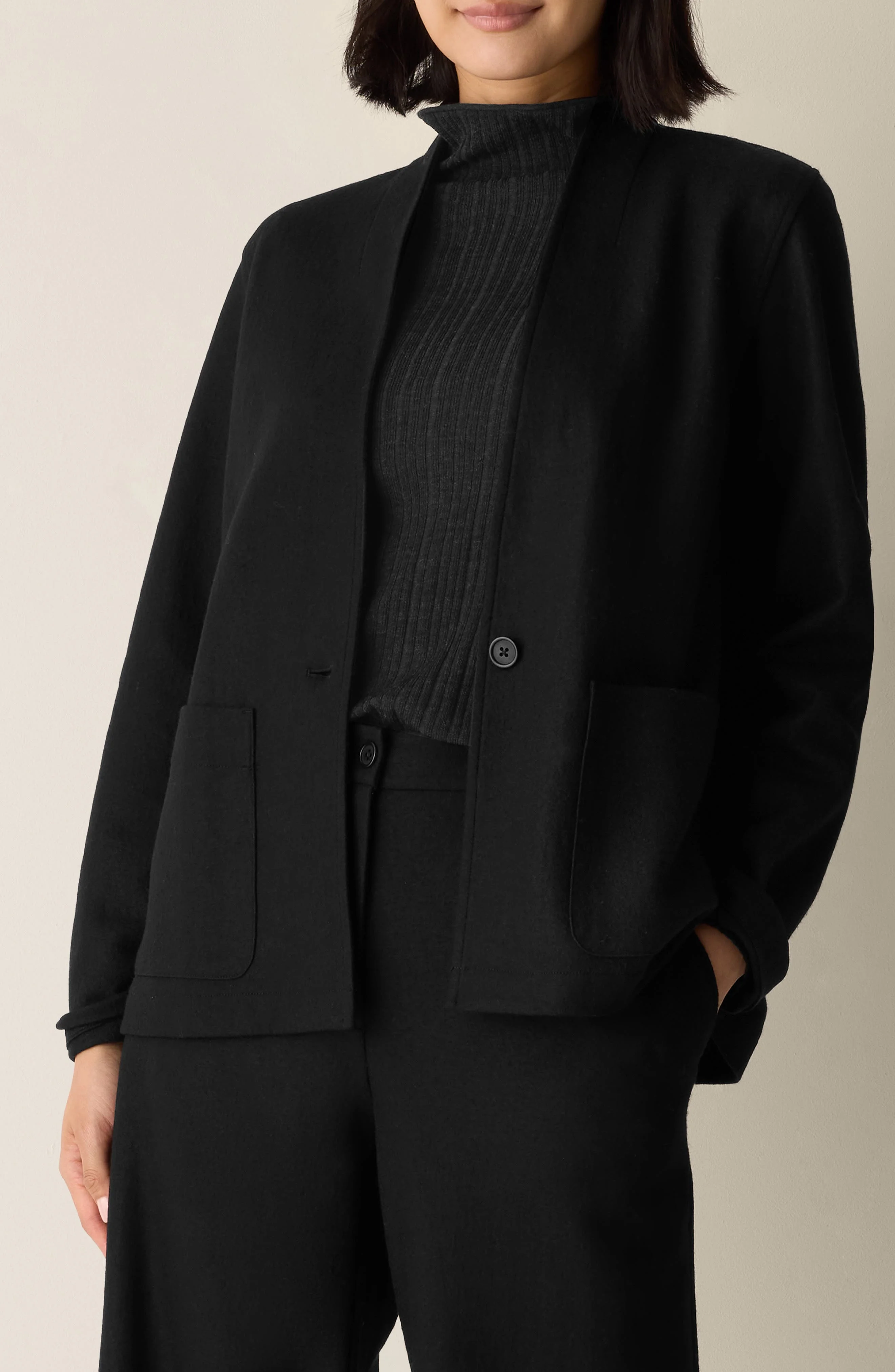 Eileen Fisher High Collar Wool Jersey Jacket in Black at Nordstrom - 1