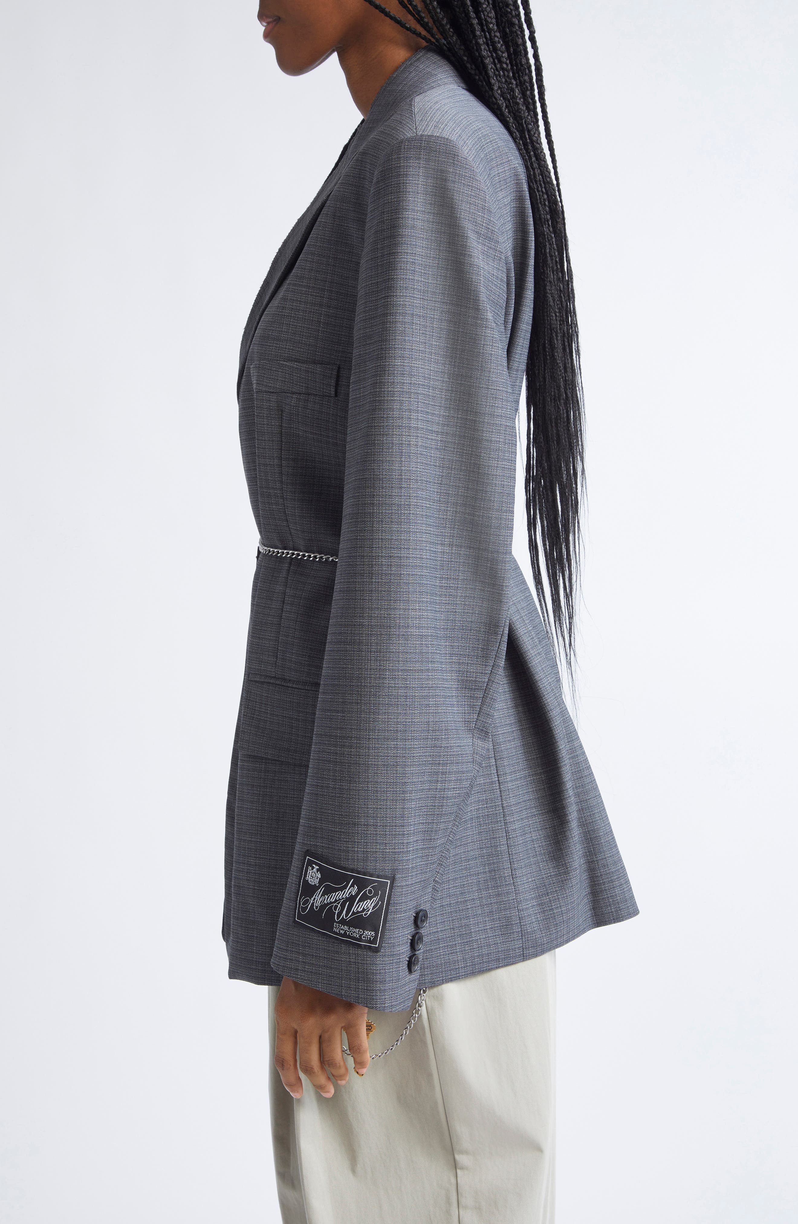 Alexander Wang Chain Embellished Melangé Raw Edge Wool Blend Blazer in Dark Grey Melange at Nordstro - 4
