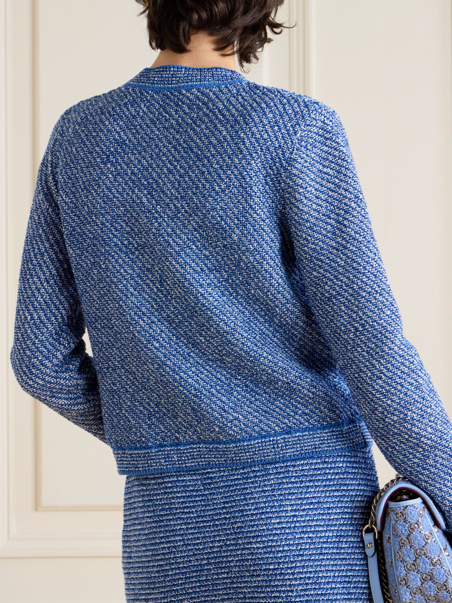 Striped cotton-blend bouclé cardigan Light denim - 4