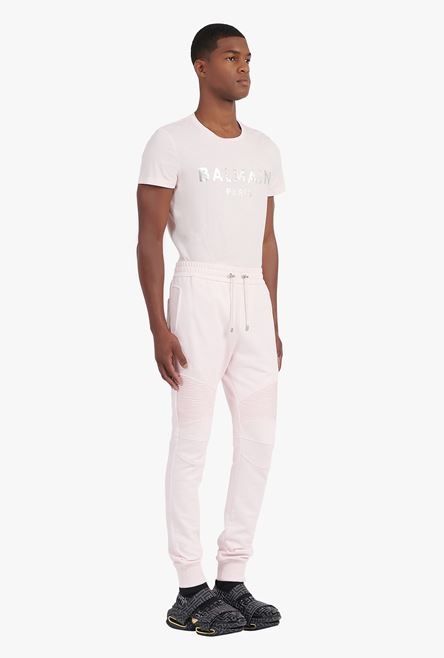 Pale pink eco-designed cotton sweatpants with silver-tone Balmain logo print - 7