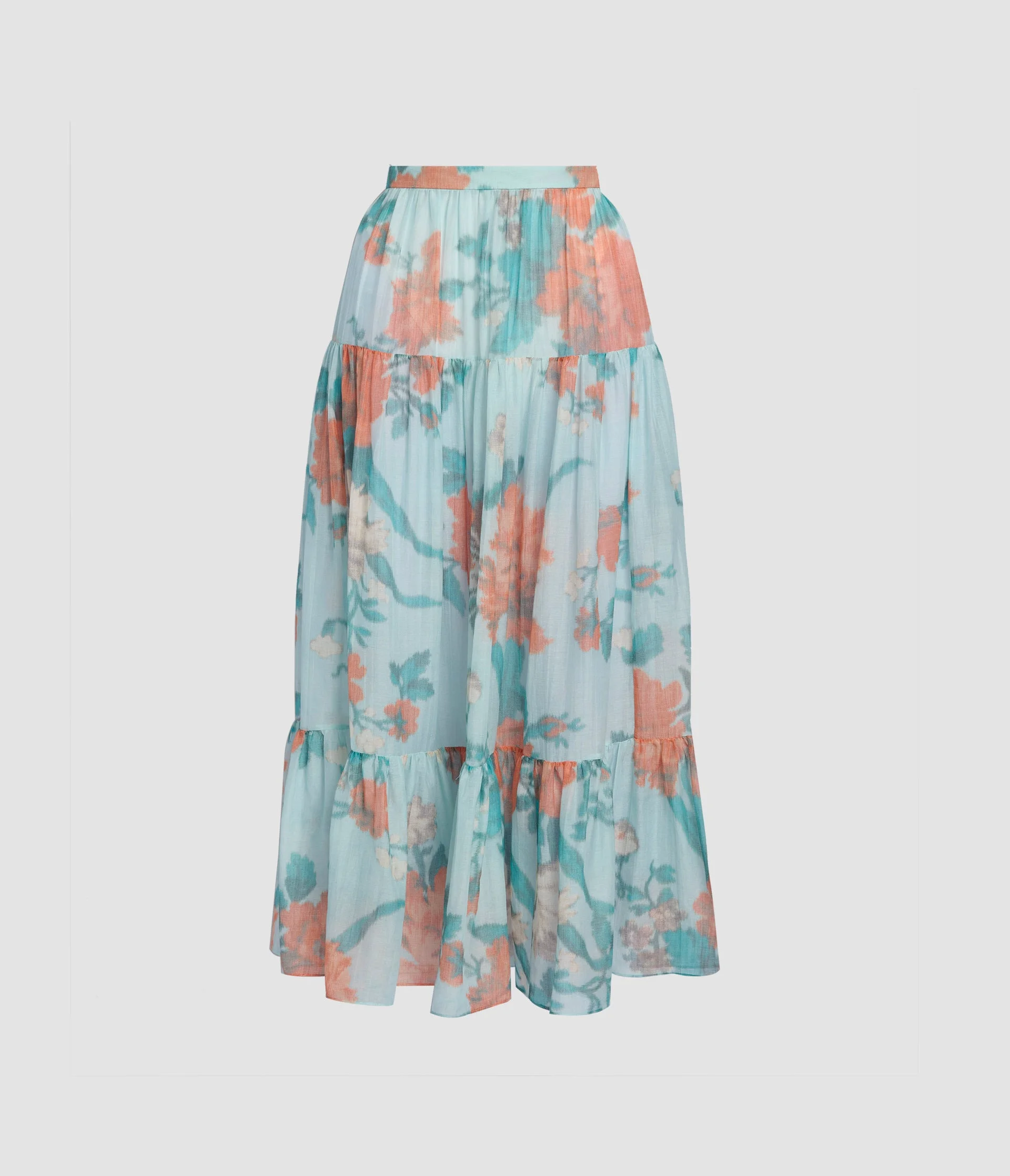 FLORAL PRINT COTTON SILK VOILE TIERED FULL MIDI SKIRT - 1