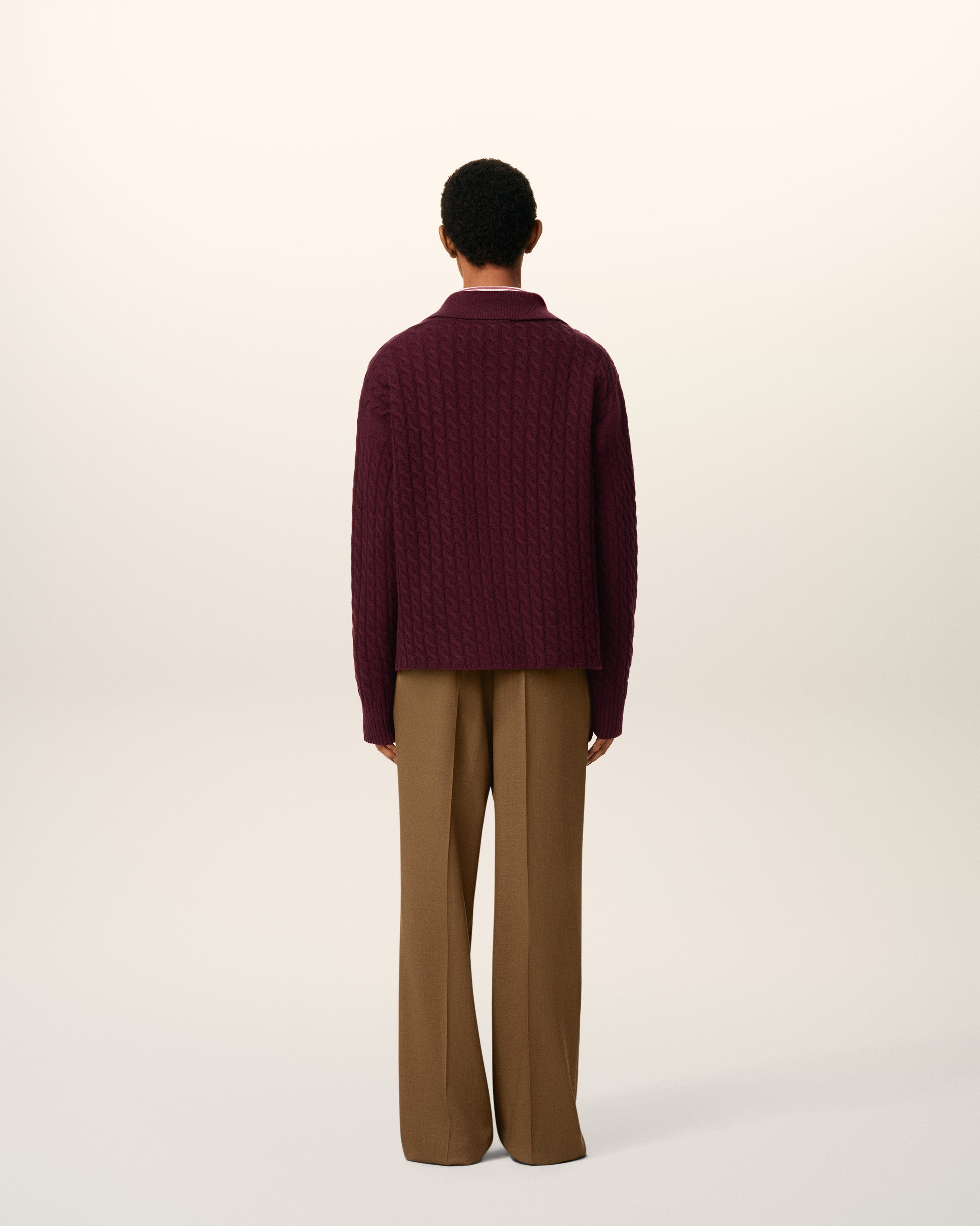 BURGUNDY WOOL CABLES KNIT POLO - 5