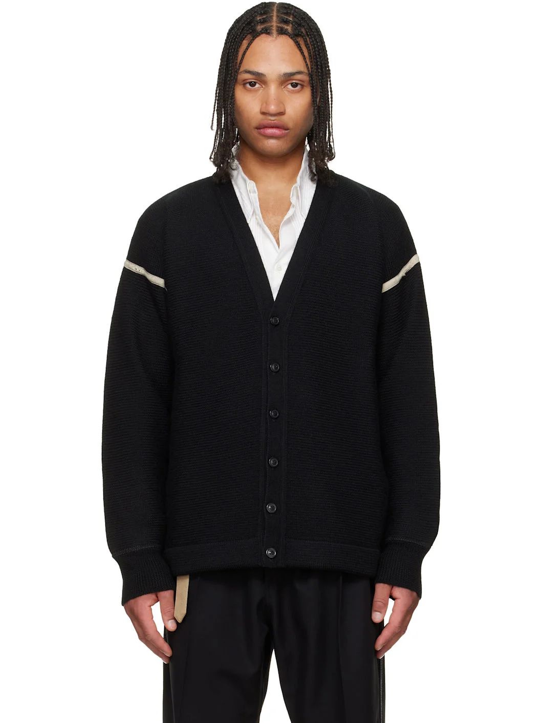 Black Virgin Wool Elbow Patch Cardigan - 1