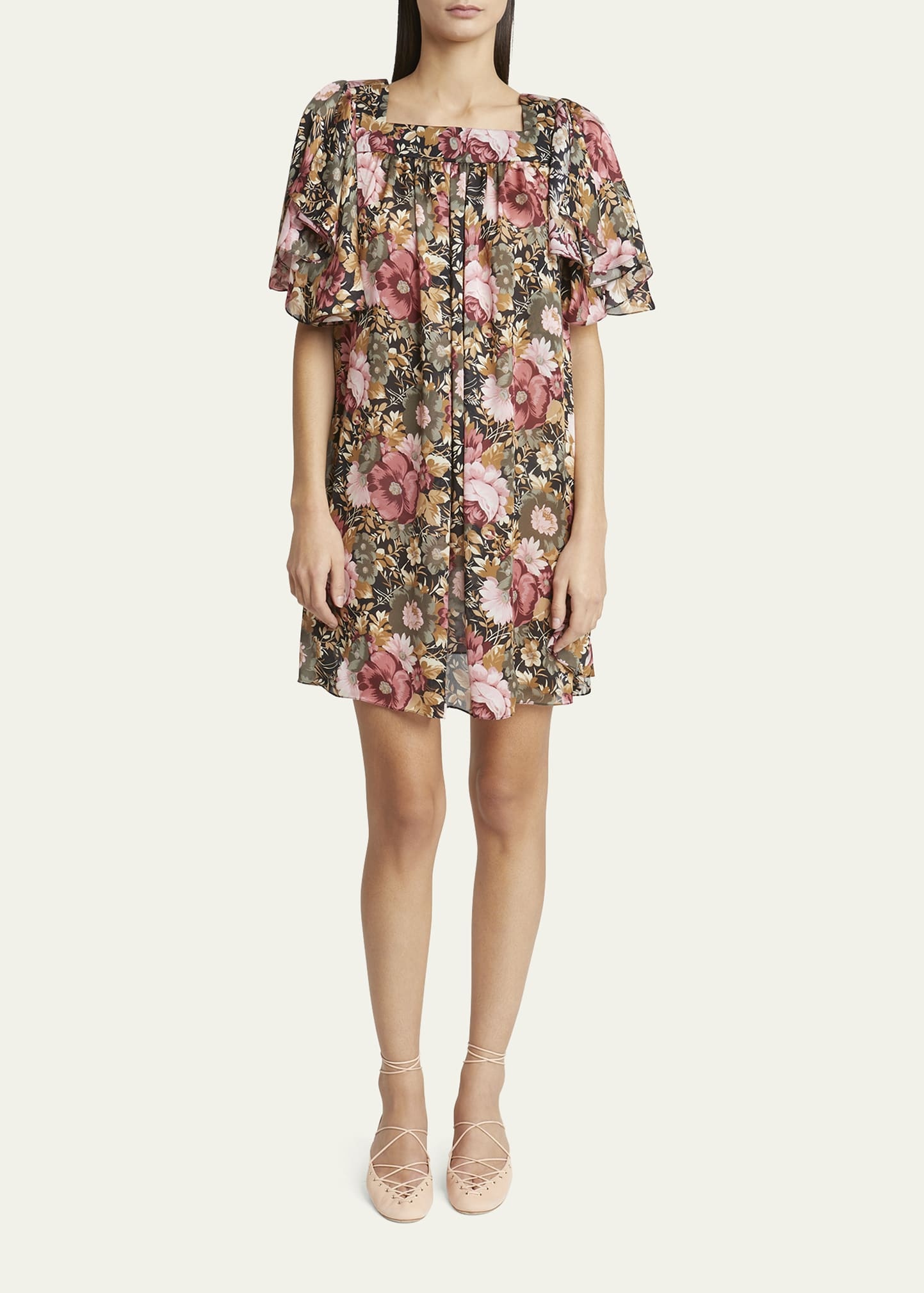 Rose Print Pleated Mini Silk Dress - 2