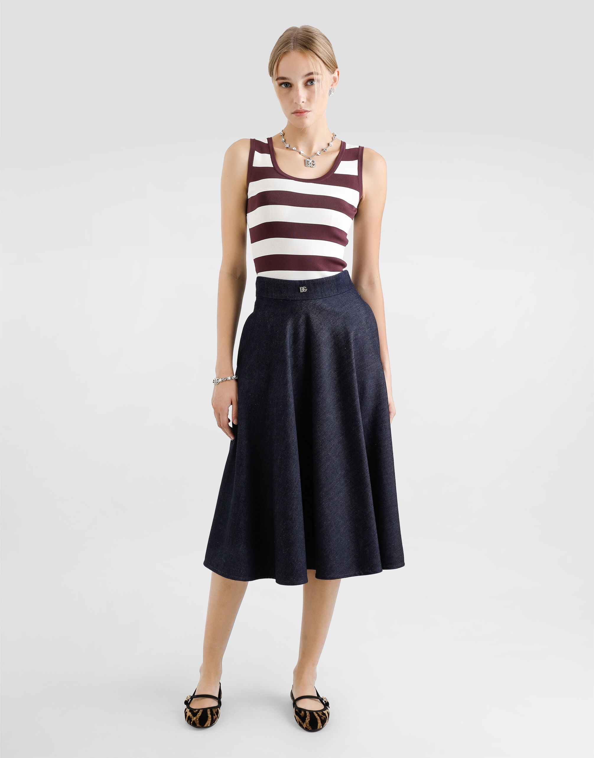 Denim calf-length circle skirt with DG logo pin - 2