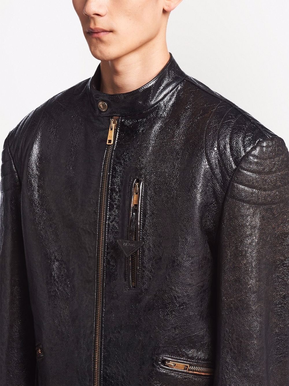 textured leather biker jacket - 5