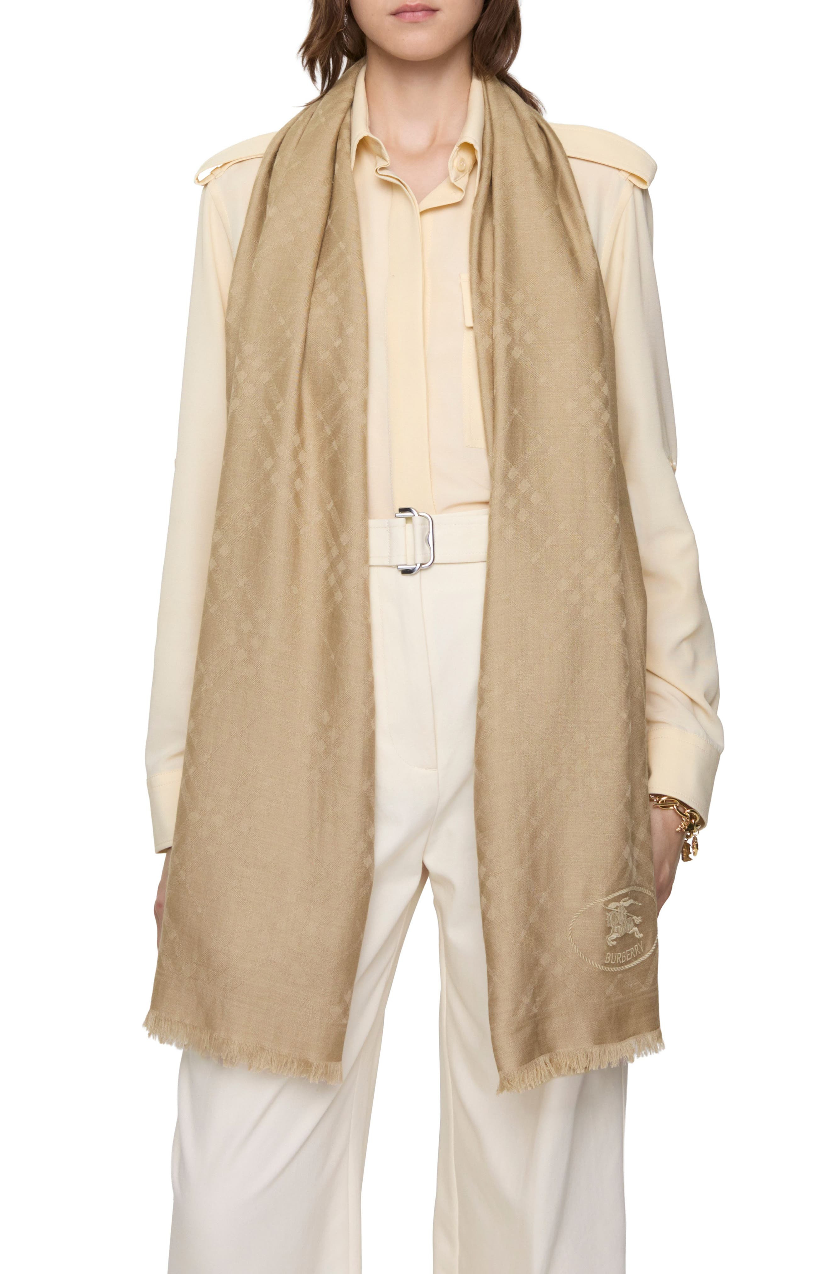 burberry Check EKD Embroidered Wool & Silk Scarf in Sand at Nordstrom - 6