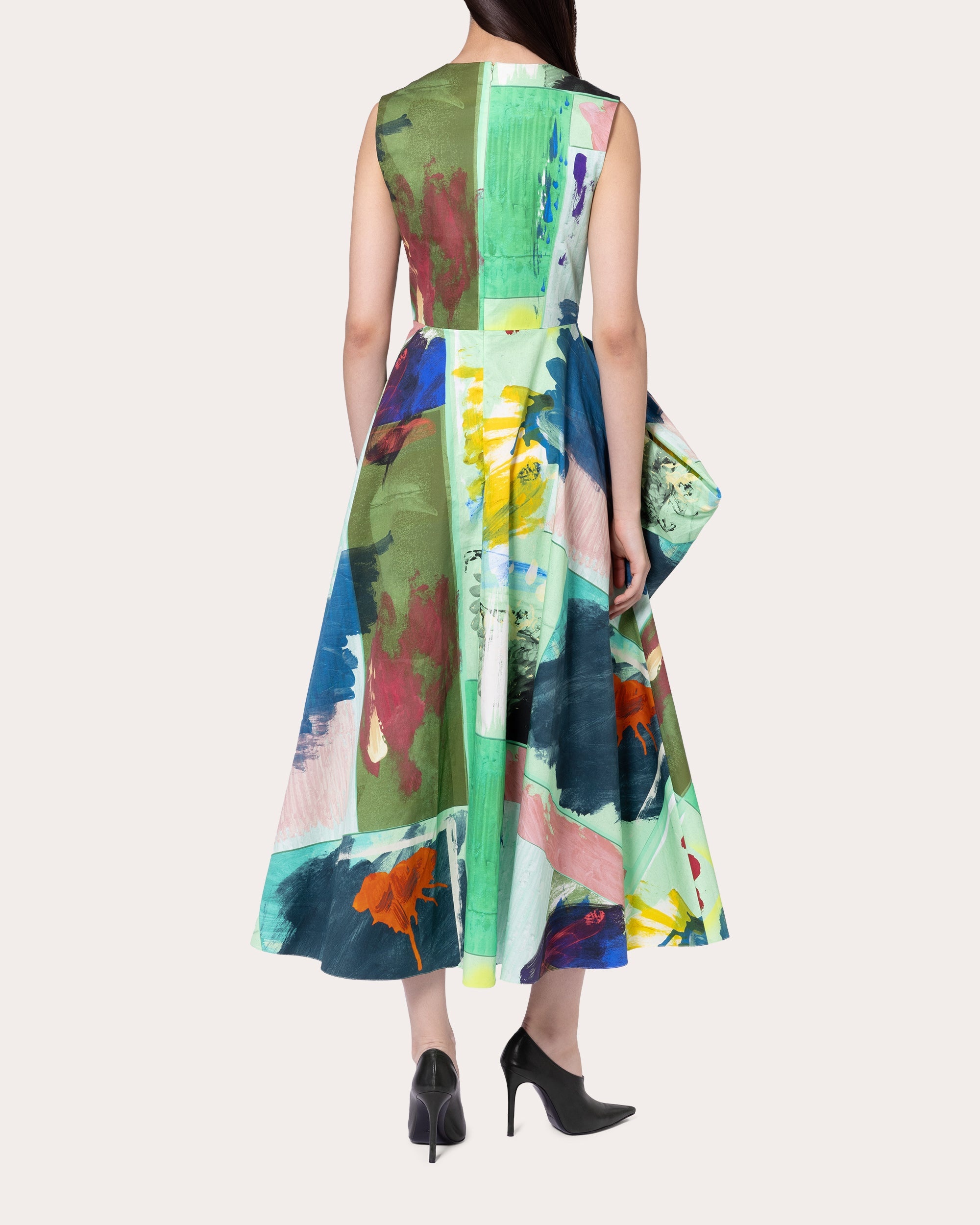 Nura Abstract Cotton Pleated Bow Midi Dress - 2