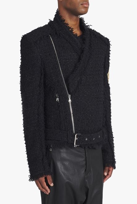 Black tweed jacket with gold-tone Balmain badge - 8