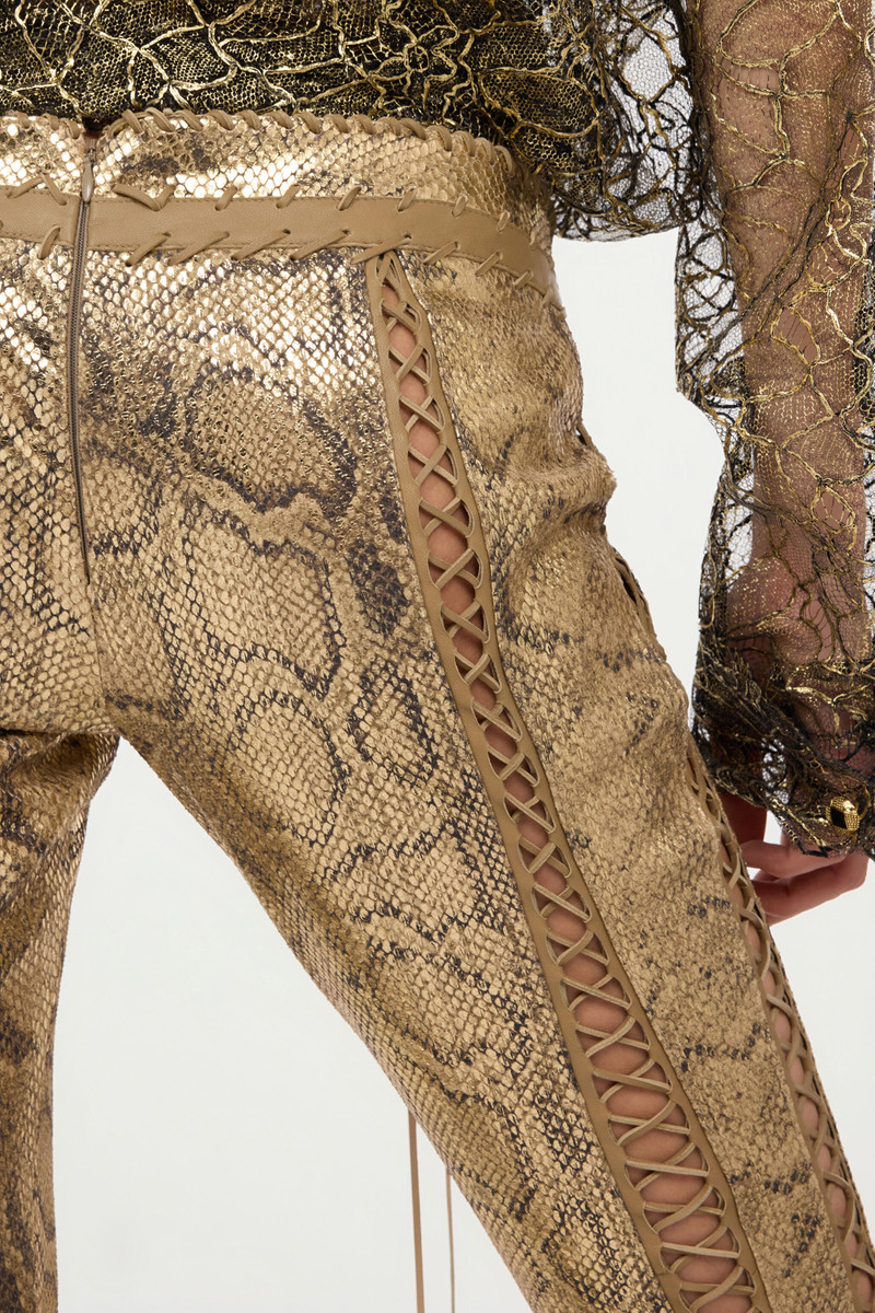 Gold Leather Pants with Python Print and Cut-Out Details 7