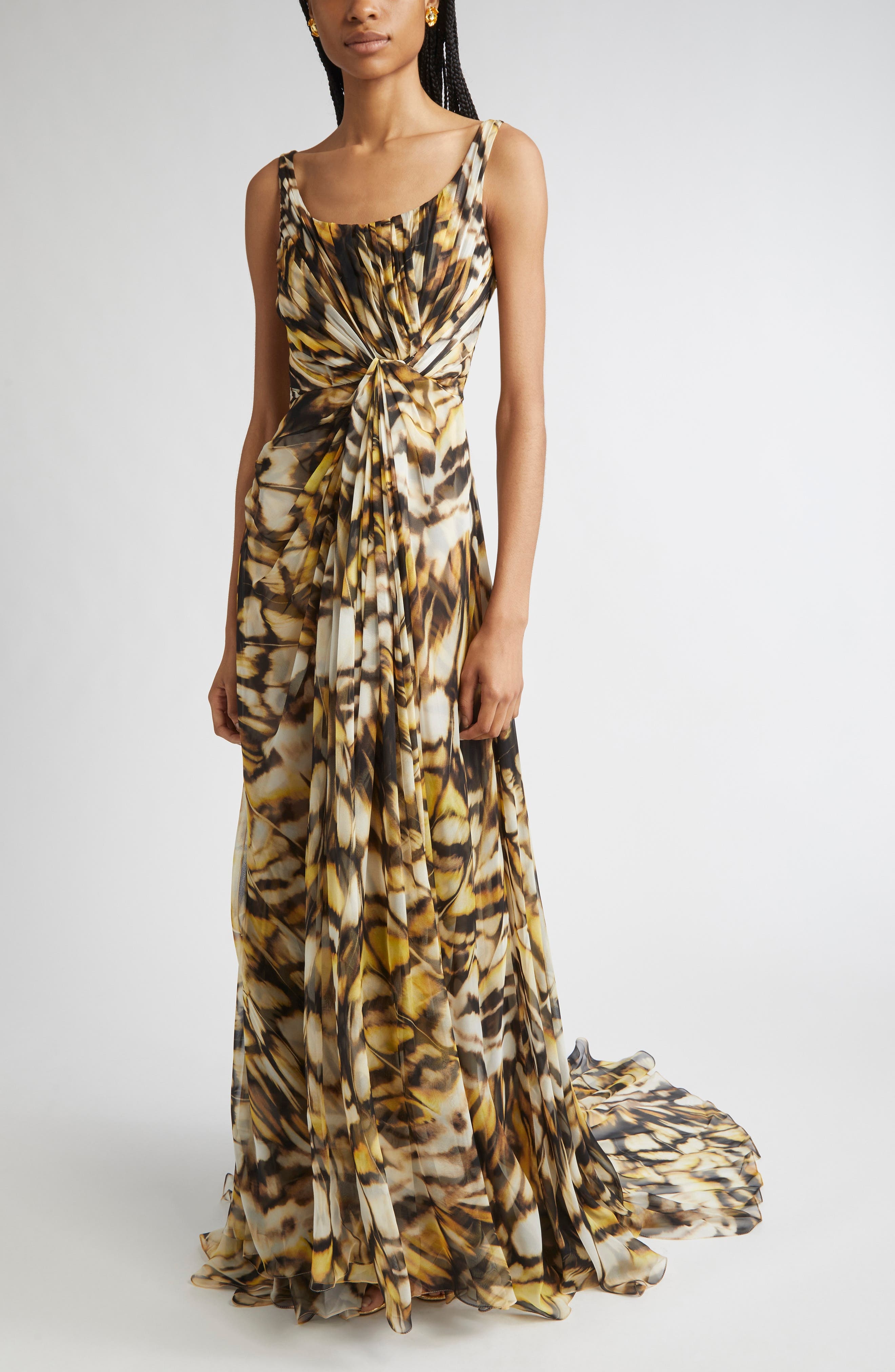Oscar de la Renta Butterfly Print Draped Silk Chiffon Gown in Black Multi at Nordstrom - 1