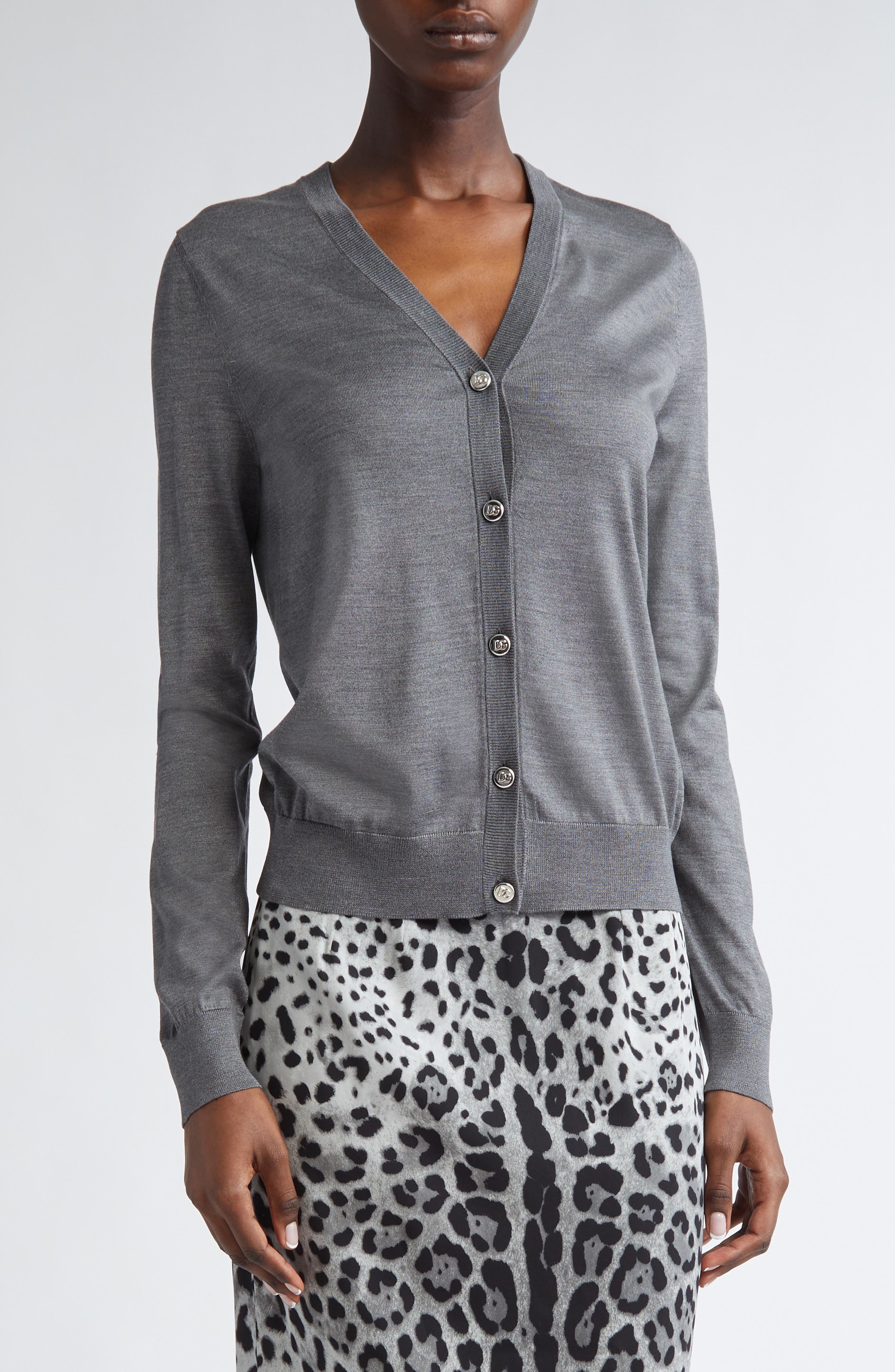 Dolce&Gabbana Embroidered Logo Silk V-Neck Cardigan in N0093 Grigio Piombo Scuro at Nordstrom - 5