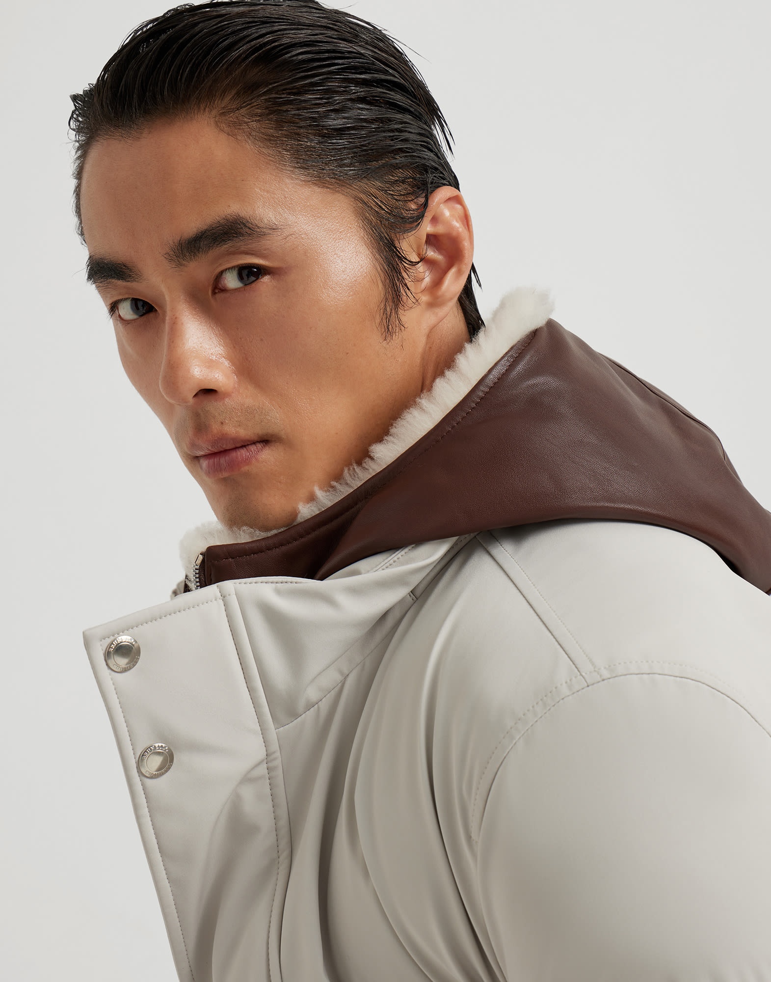 Stretch bonded nylon parka with down padding and detachable bib with shearling-lined hood - 3