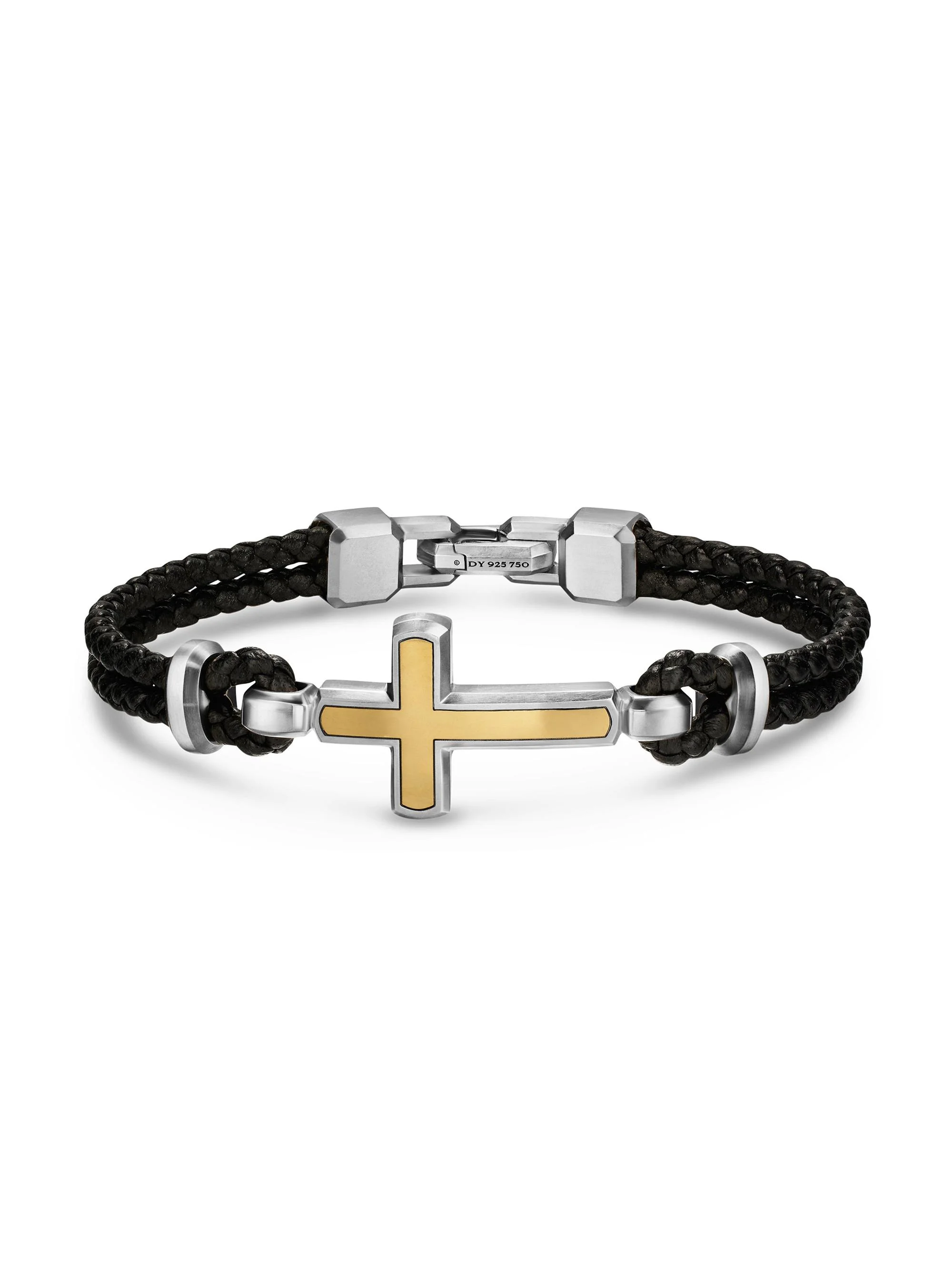Men's Streamline Cross Station Bracelet in Black Leather - Silver - 1