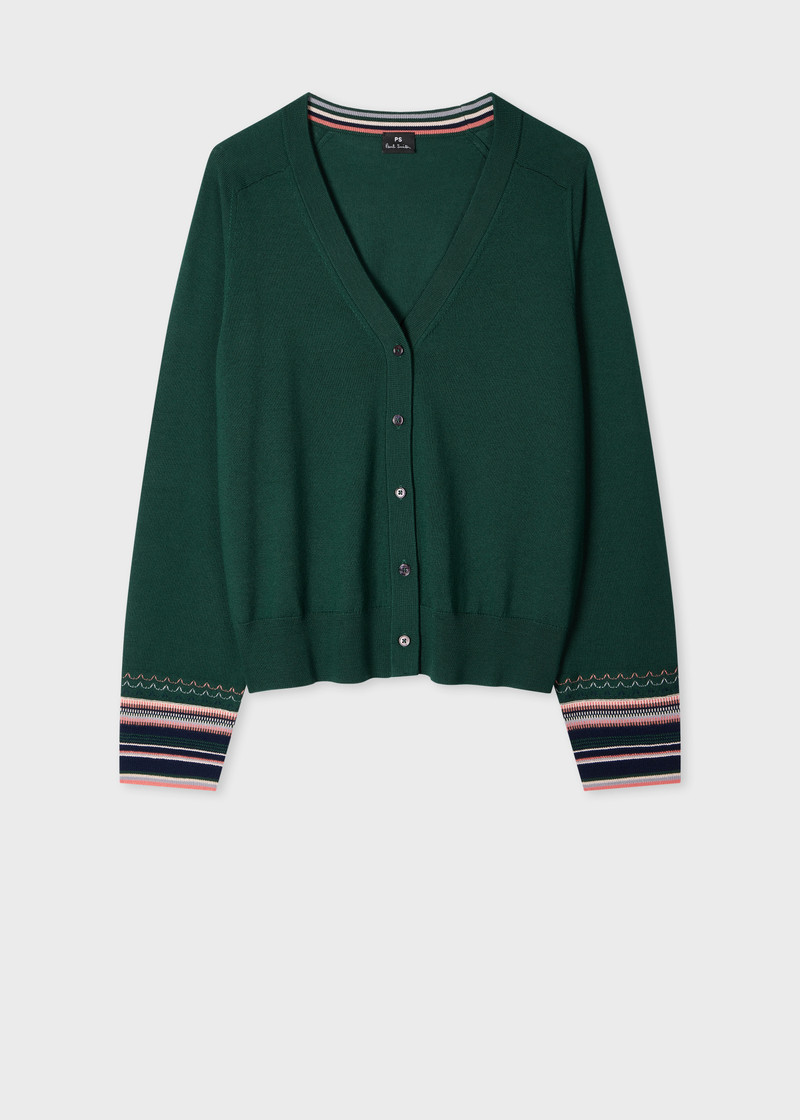 Women's Dark Green Knitted Cardigan with Striped Cuffs 1