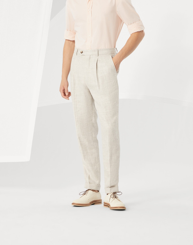 Linen, wool and silk diagonal leisure fit trousers with pleat 1