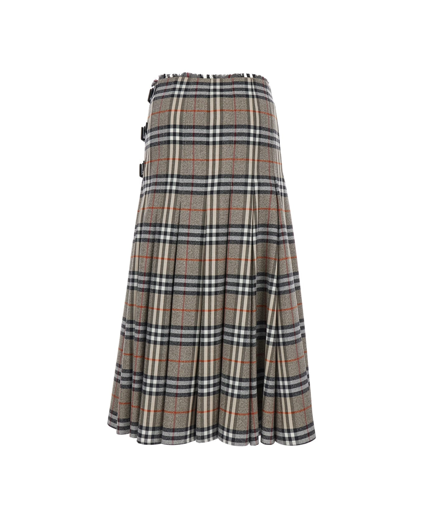 Beige Midi Skirt With Side Buckle Closure And All-over Check Motif In Wool Woman - 2