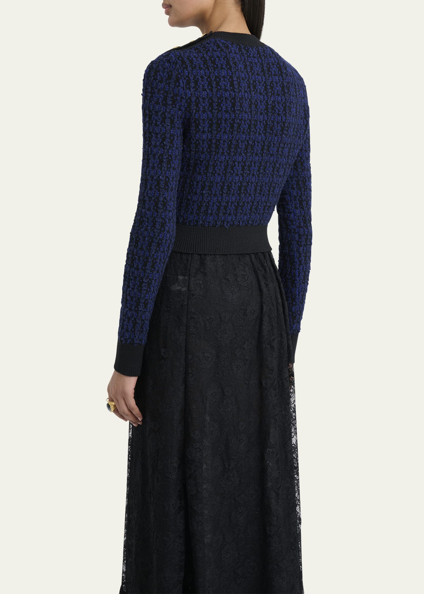 Button-Shoulder Boucle Knit Crop Sweater - 3