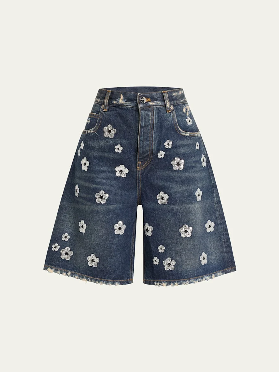 Daisy Sequined Wide-Leg Denim Bermuda Shorts - 1