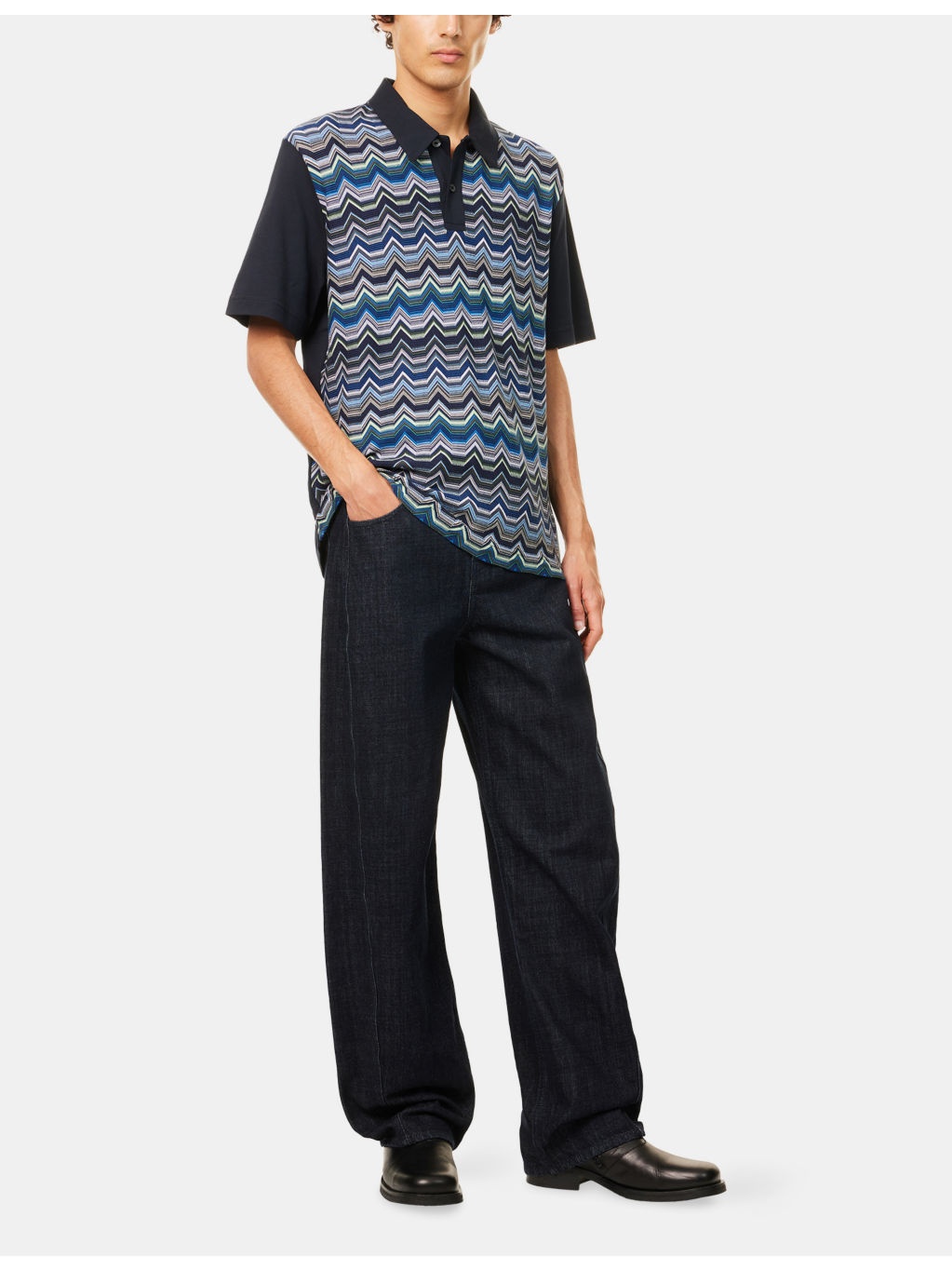 Chevron Knitted-Panel Cotton-Jersey Polo Shirt - 2
