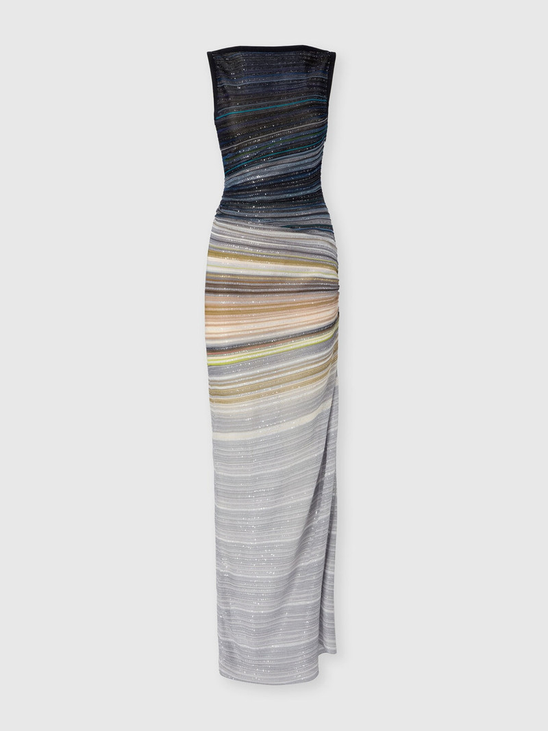 Long boat-neck dress in striped knit 1