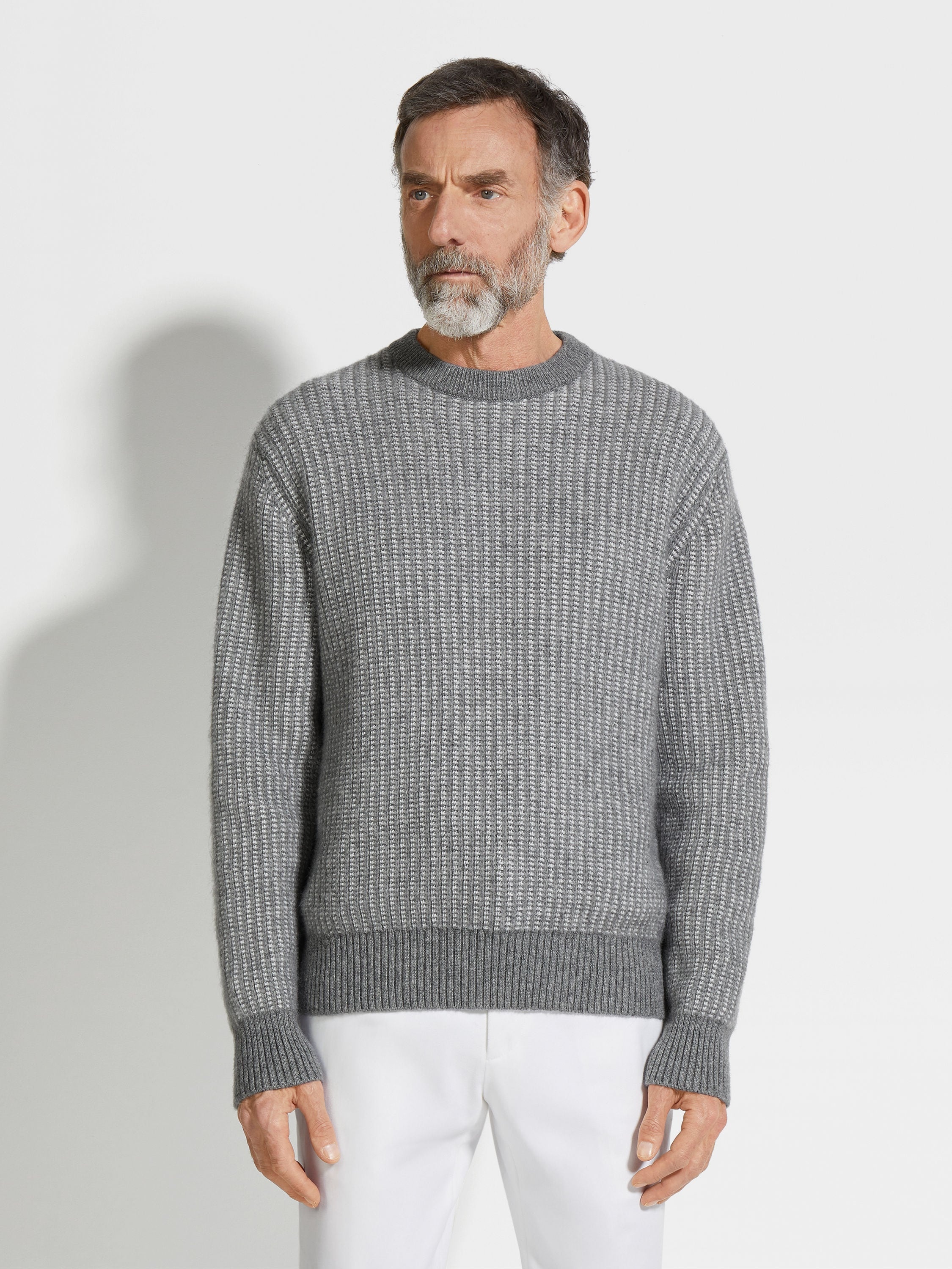 GREY AND WHITE CASHMERE MOHAIR AND SILK CREWNECK - 4