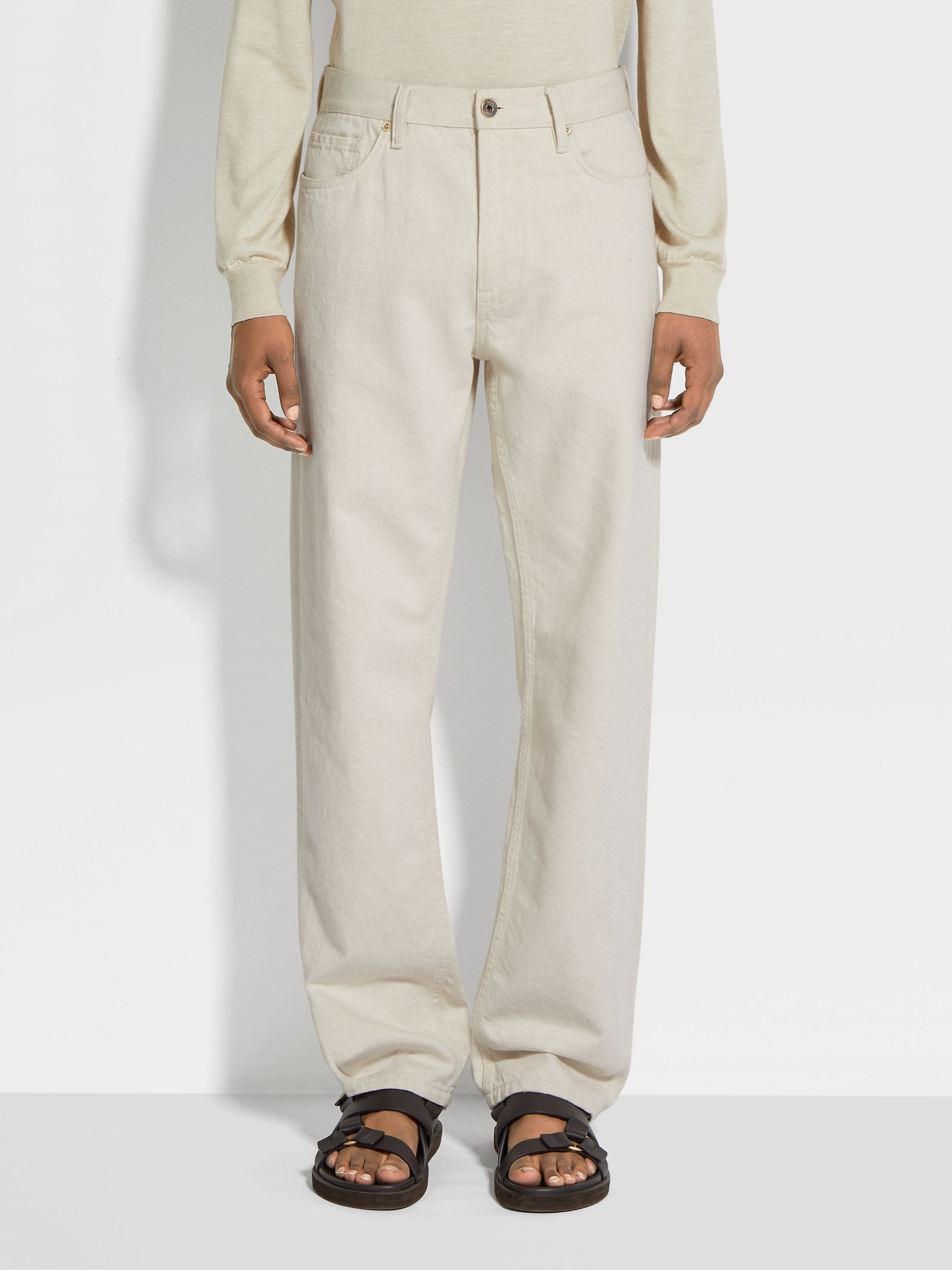 OFF WHITE COTTON AND HEMP ROCCIA JEANS - 5