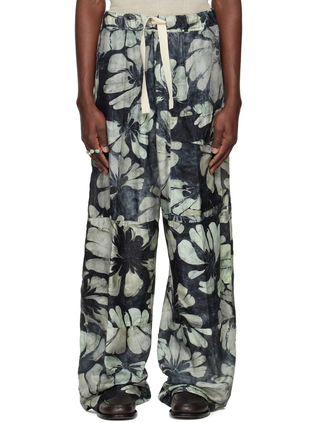 Navy & Green Silk Drawstring Cargo Pants - 1