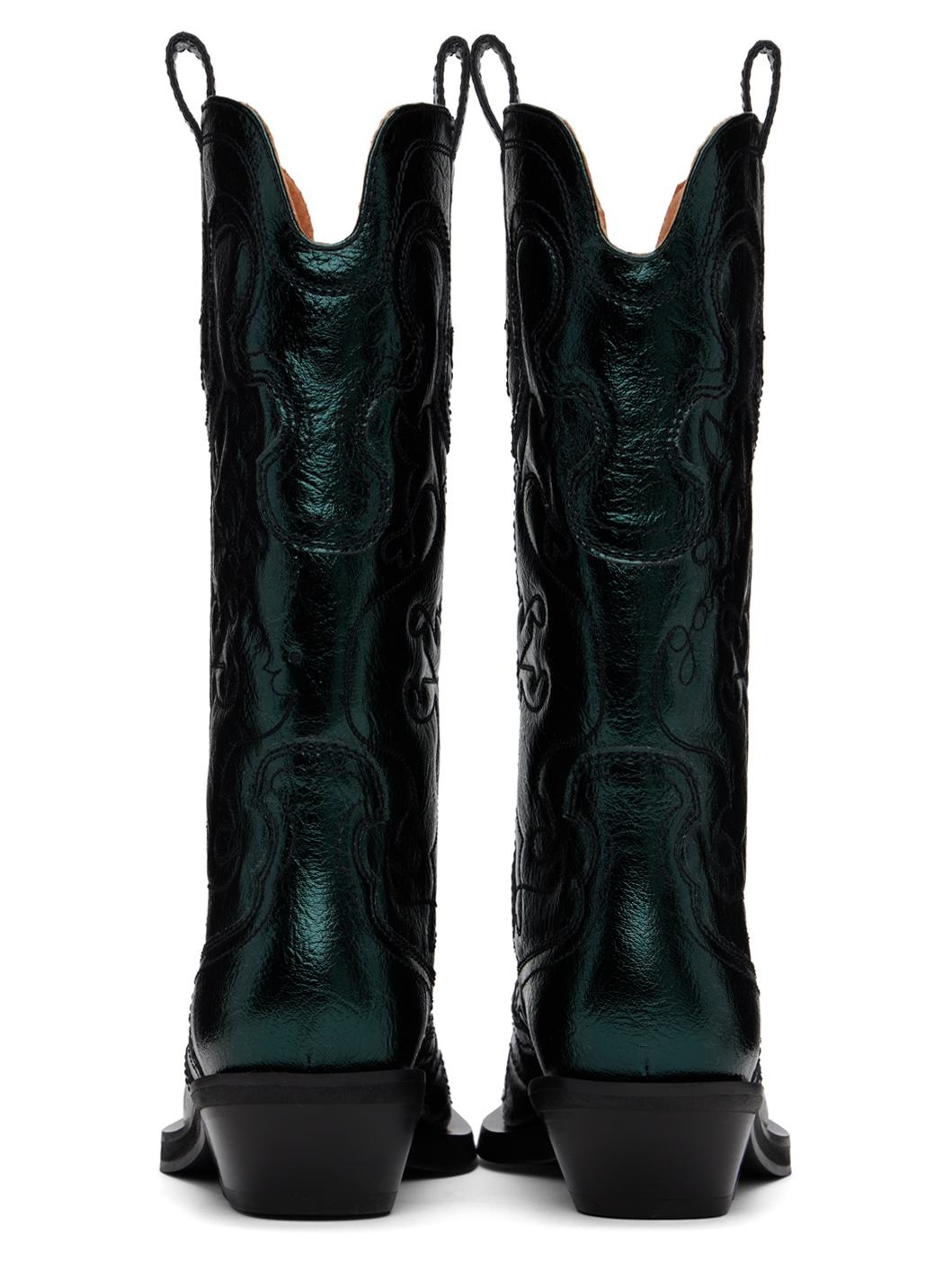 Green Metallic Mid Shaft Embroidered Western Boots - 2