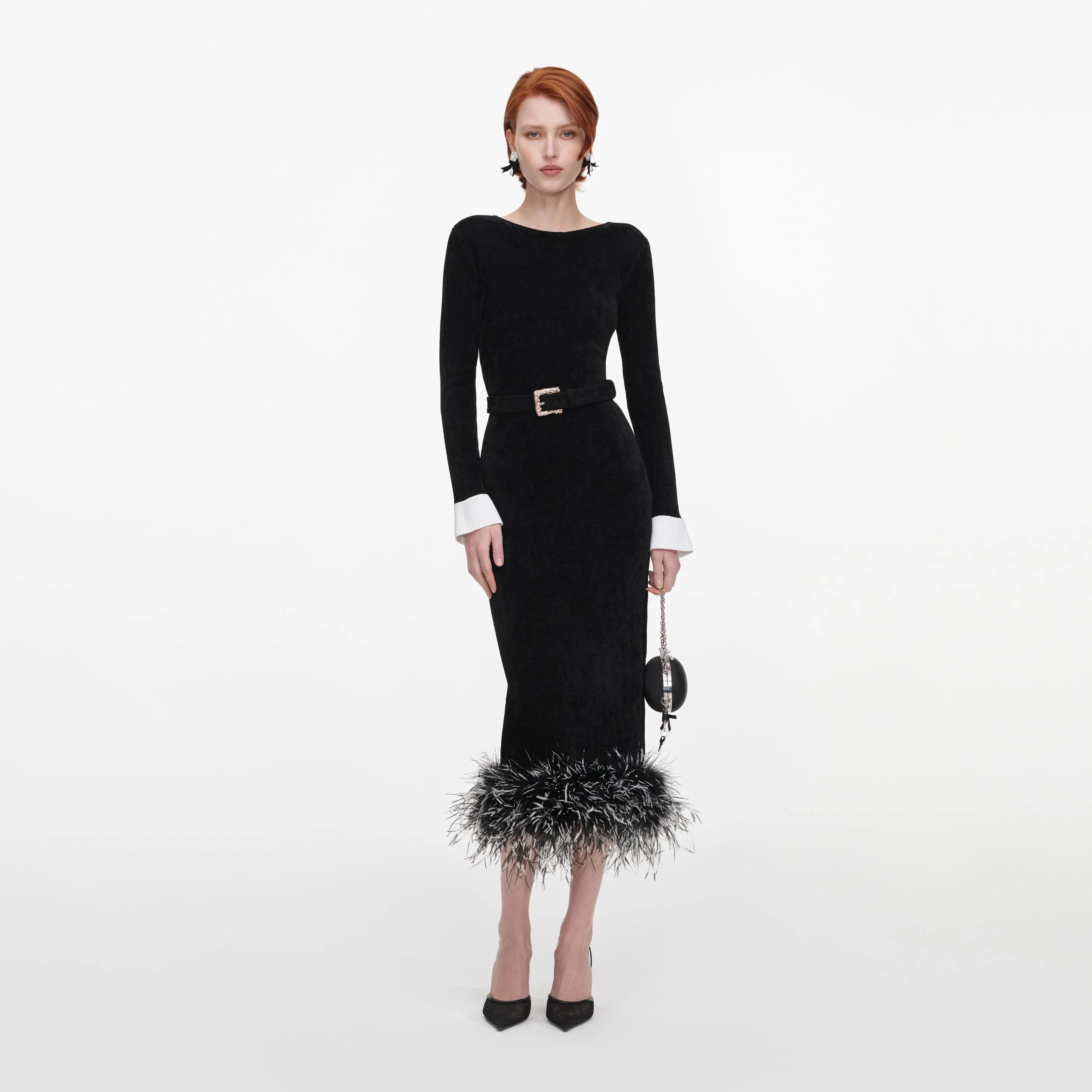 Black Chenille Knit Feather Midi Dress - 1