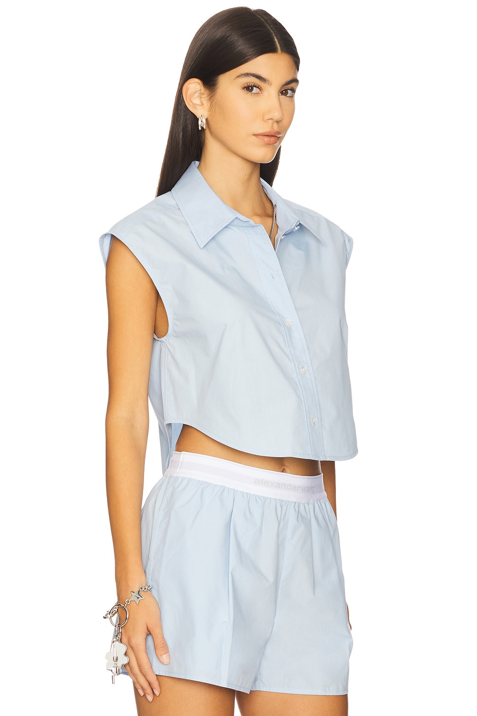 Cropped Button Down Sleeveless Shirt With Necklace - 2