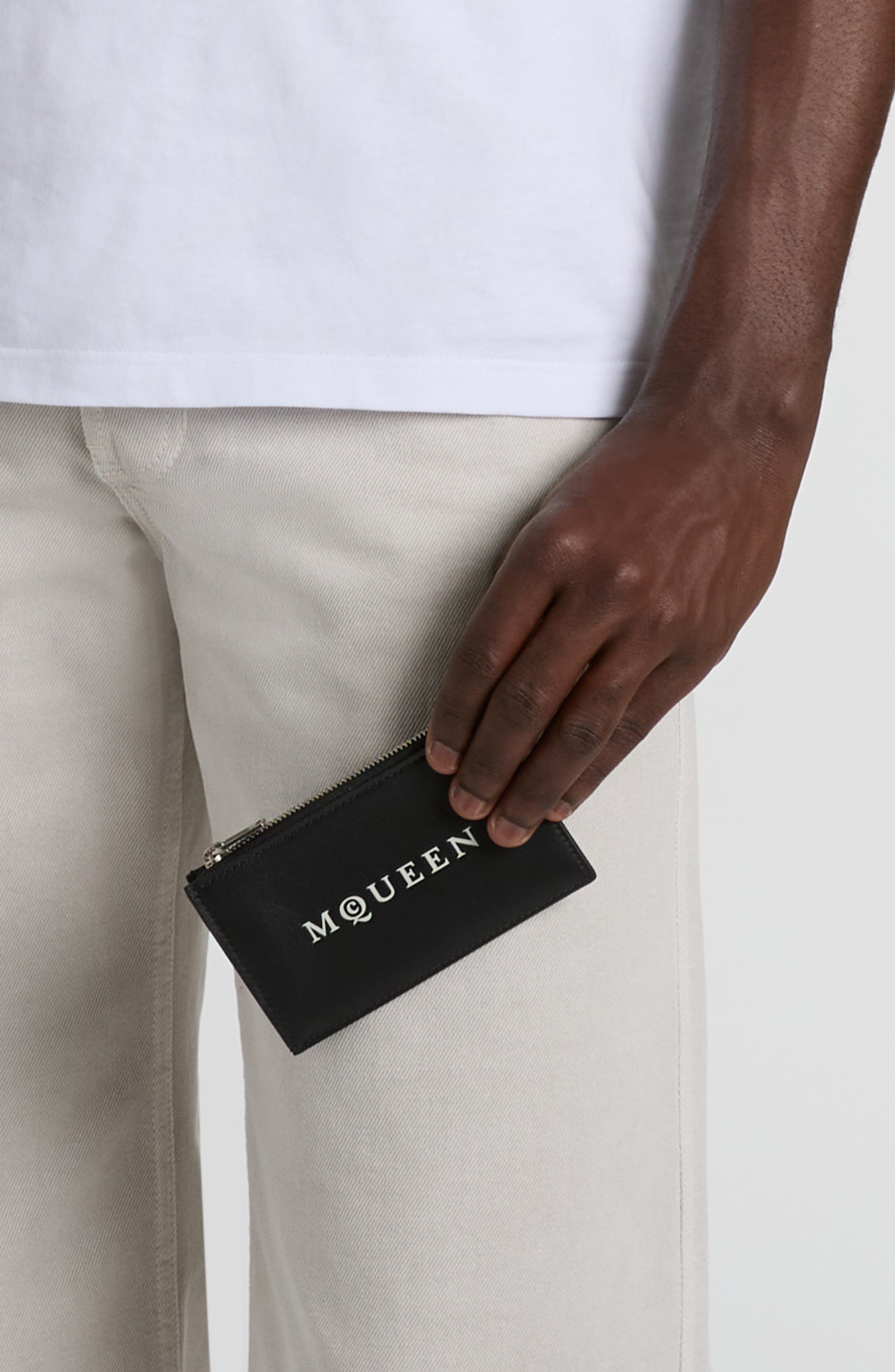 McQueen Logo Leather Zip Card Case in Black/Bone/Silver at Nordstrom - 3